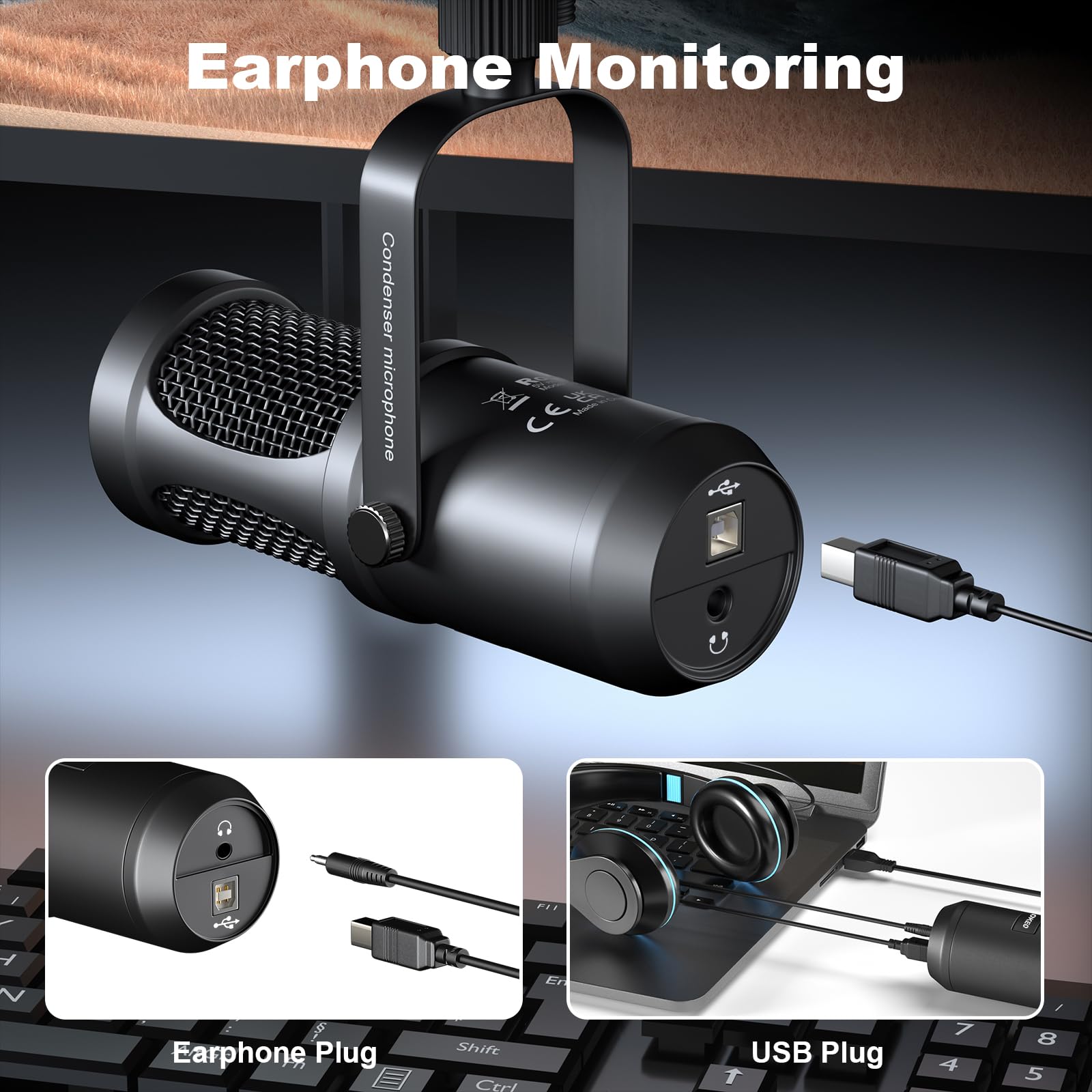 aokeo Microfono USB, 192 kHz/24 bit, set di microfoni per podcast con supporto per microfono, parabrezza, filtro pop, per radio, registrazione, YouTube, podcast