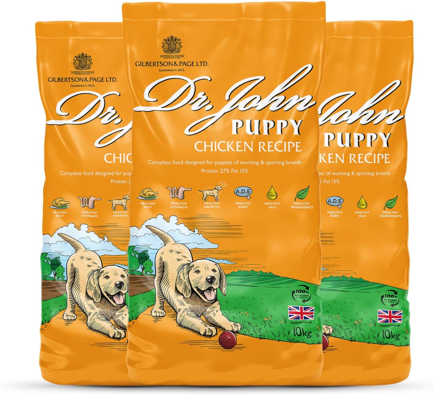 Dr John Dry Puppy Food 30kg (3 x 10kg) with Omega-3s – Chicken Recipe – Complete Nutrition for Puppies of Sporting Active Breeds – Junior High Protein Dry Dog Food