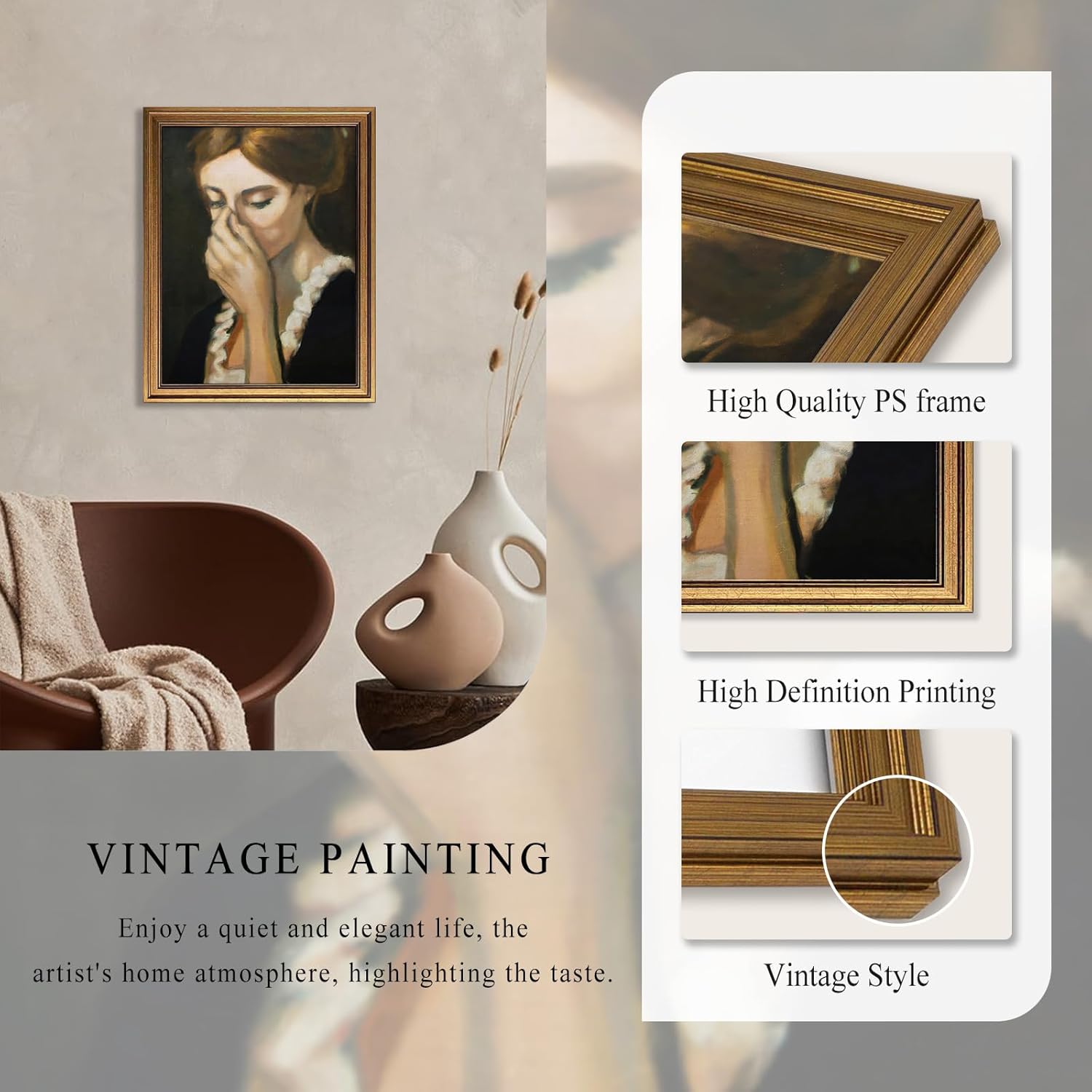 Aroutde Funny Bathroom Wall Art Vintage Gold Framed Humorous Toilet Woman Covering Nose Printing Amusing Farmhouse Wall Decor for Restroom (16L''x12W'')