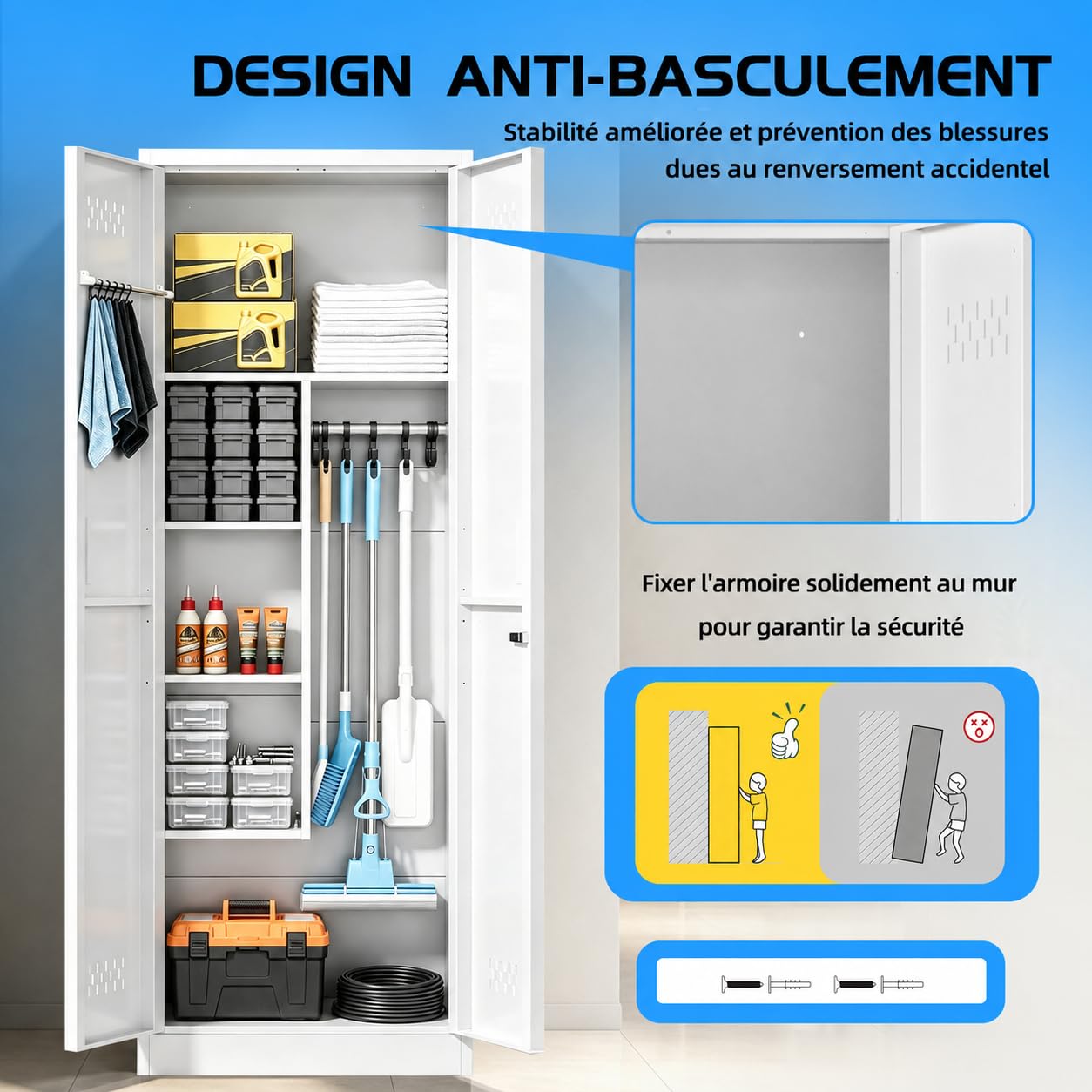 Armoire à Balais en Acier Armoire Extérieure de Rangement Placard à Balai avec Ventilation et Porte Verrouillable, Placard Polyvalent pour Restaurant Cuisine Garage, 35 x 60 x 180 cm Blanc