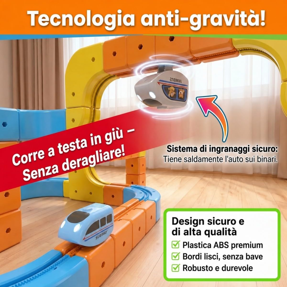Trenino Elettrico, Pista 3D Antigravità, 242 Pezzi, Binari su 3 Lati | Componenti con binari su 2 o 3 lati per più configurazioni; 1 locomotiva Type-C con ingranaggi meccanici senza magneti.