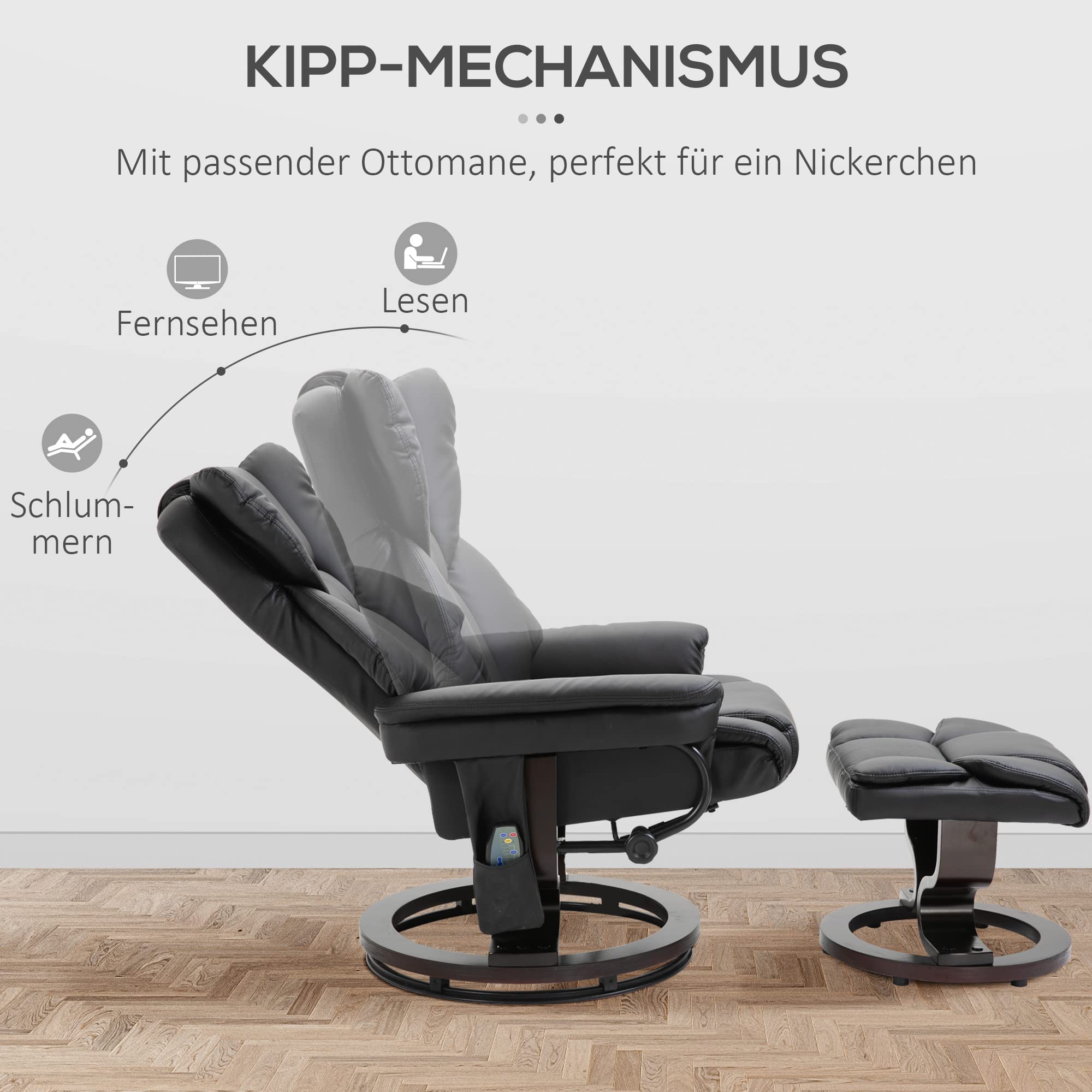 HOMCOM Relaxsessel mit Hocker, 360° drehbarer Massagesessel mit Liegefunktion, Kunstleder Schwarz