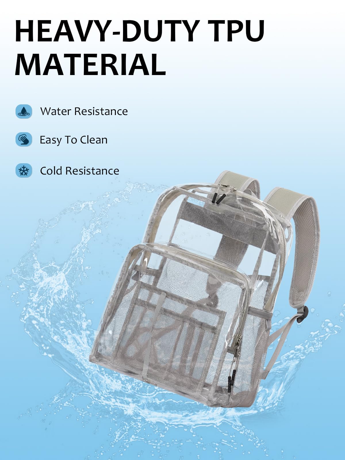 Zaino trasparente per la scuola, 17 pollici grande resistente TPU trasparente Bookbag per ragazzi ragazze adulti per college casual, Grigio, Large, Trasparente