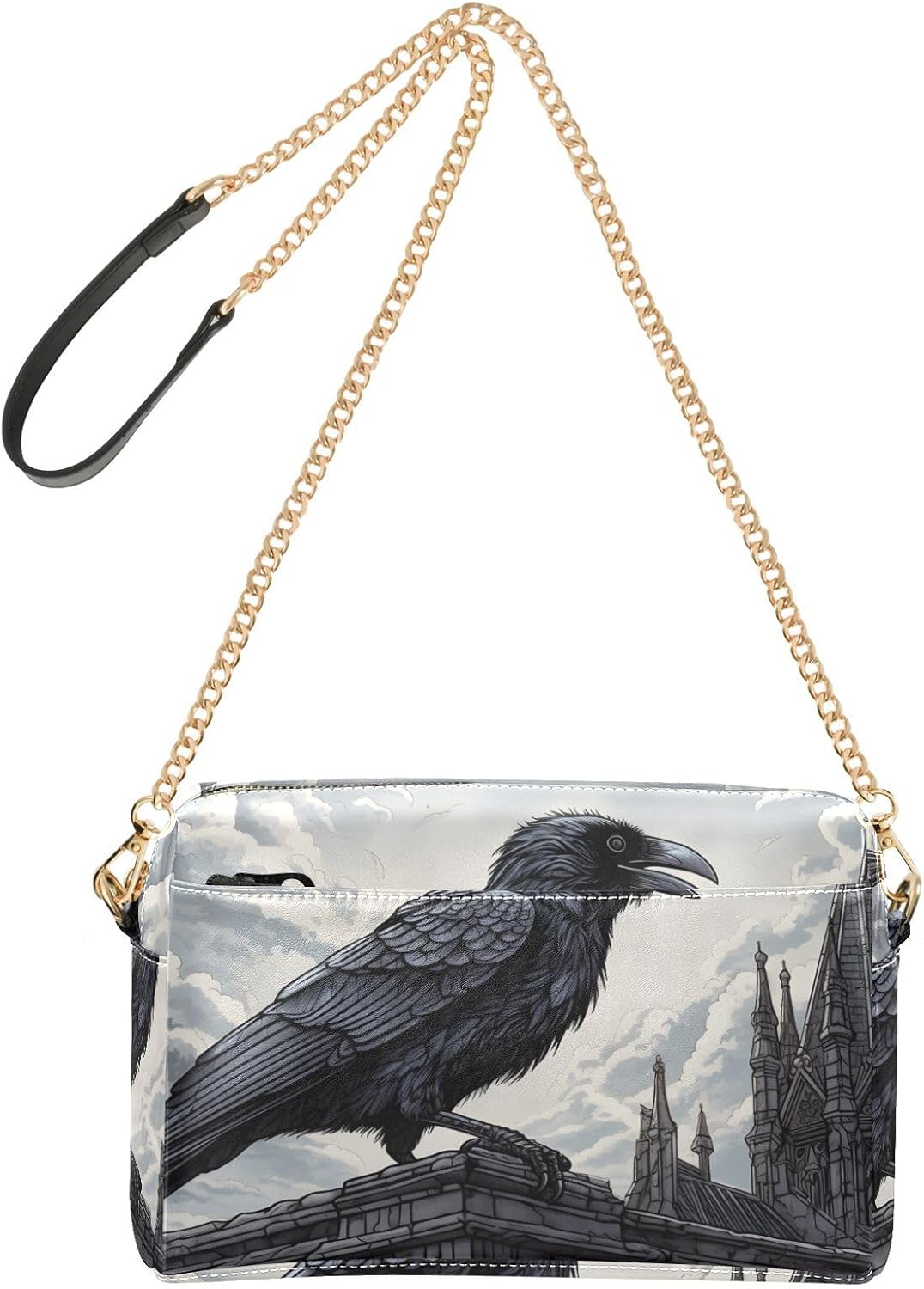 Gothic Raven Building Women's PU Leather Crossbody Bag Shoulder Handbag Cellphone Purse with Metal Chain Strap Water Resistant Zipper Closure