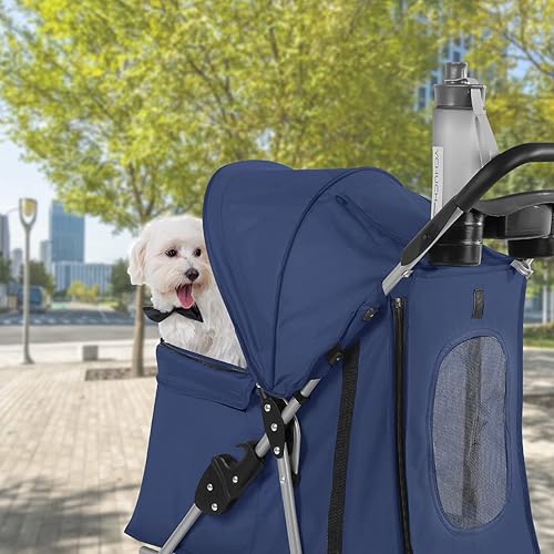 Miniatura 6 de Wedyvko Cochecito para mascotas, cochecito plegable de 4 ruedas para perros y gatos con cesta de almacenamiento, asa rueda delantera de 360 con