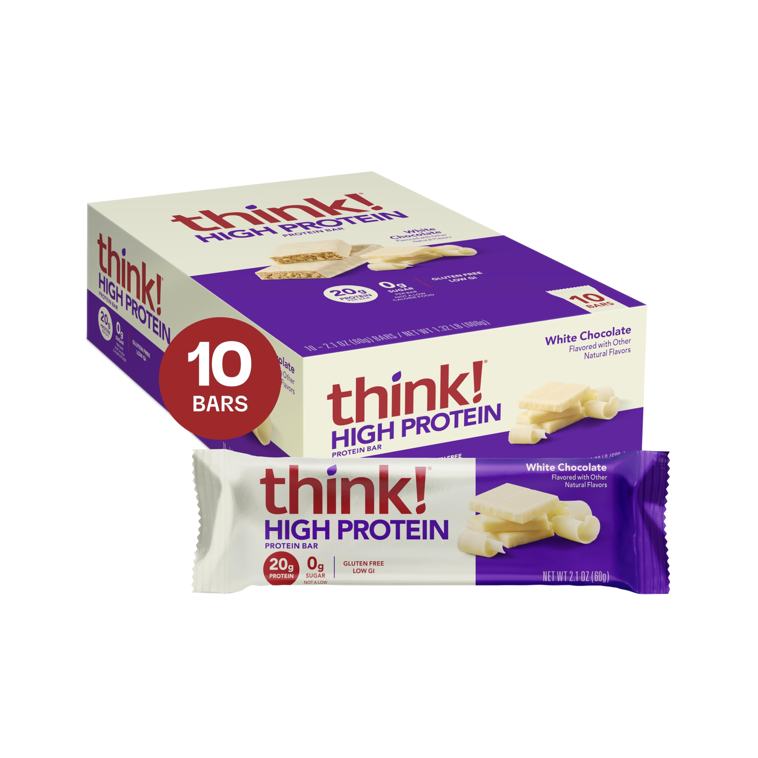 think! Protein Bars, High Protein Snacks, Gluten Free, Kosher Friendly, White Chocolate, Nutrition Bars, 2.1 Oz per Bar, 10 Count (Packaging May Vary)