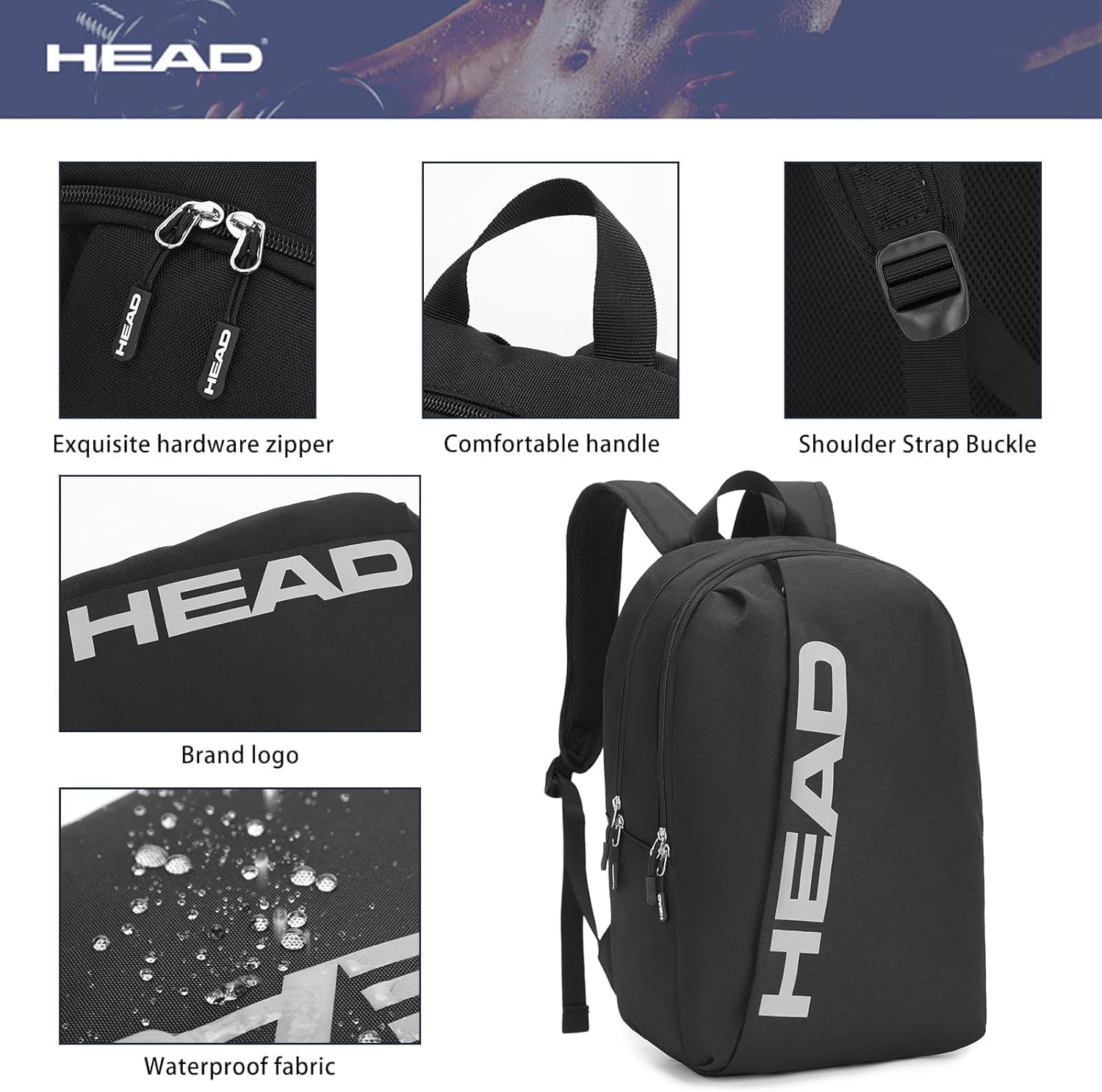 HEAD Waterproof Sports Gym Backpack for Women & Men, Large Casual Daypack Travel Backpacks for College/Weekender Overnight/Work/Fitness, 15.6 inch Laptop Backpack Lightweight Computer Bag Notebook Bag - Image 6