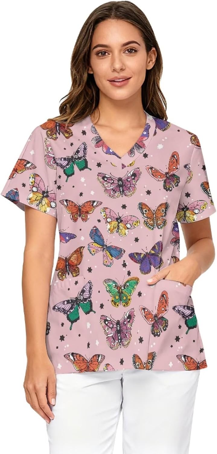 Tupalatus Women Scrub Tops Short Sleeve Flex Easy Care Fabric Plus V-Neck Soft Smooth