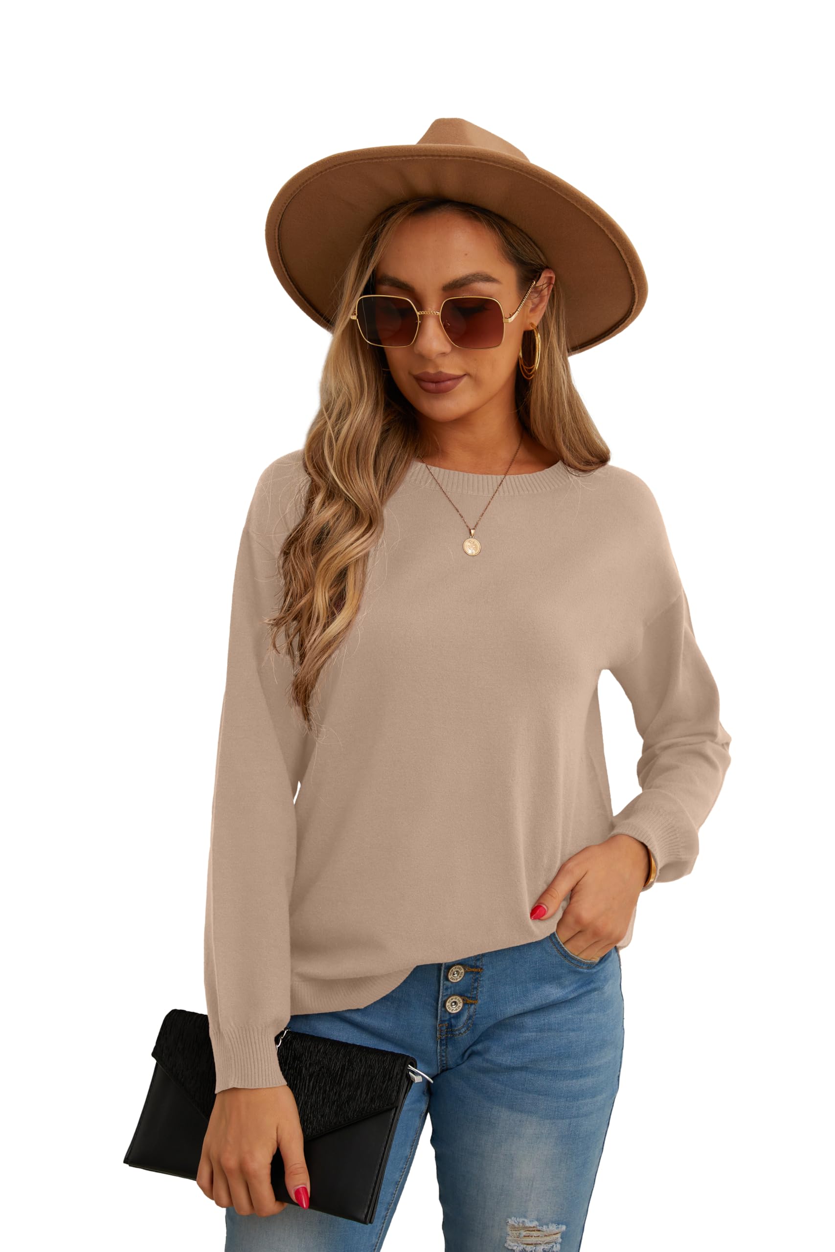 GRECERELLE Suéter de manga larga para mujer, ligero, cuello redondo, suéter casual de punto suave para mujer