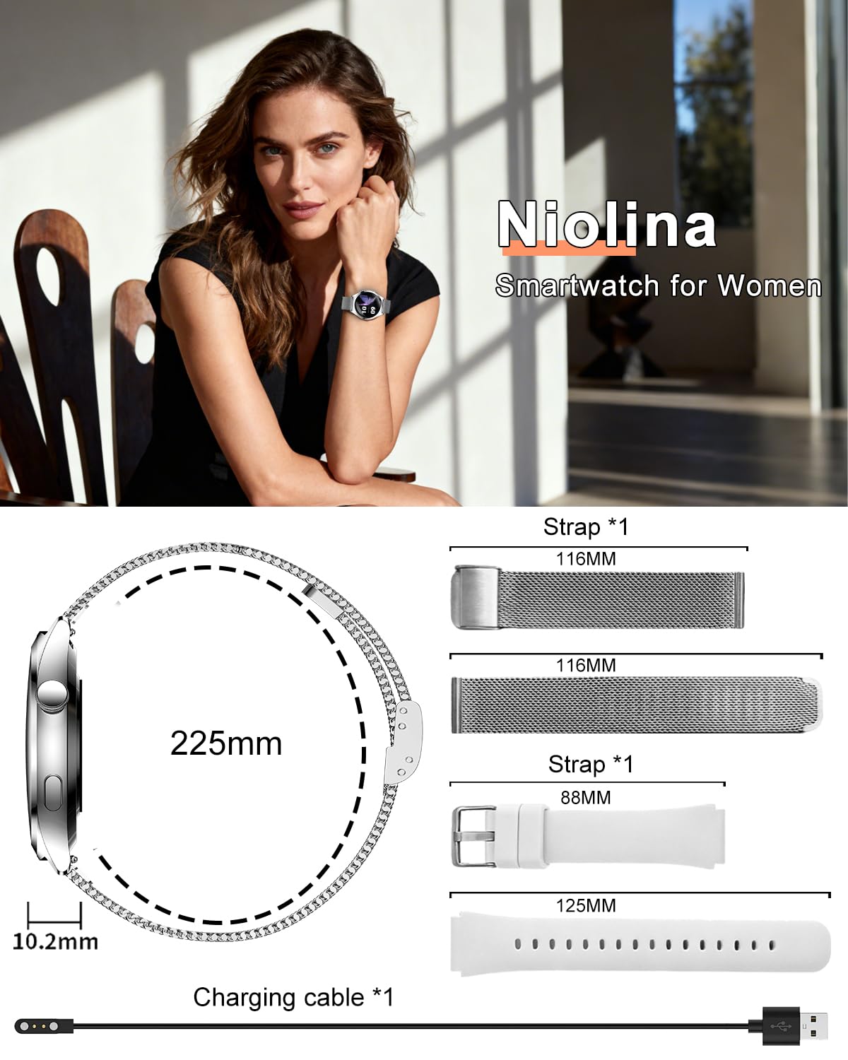 Smartwatch Donna, 1,27” Orologio Smartwatch con Chiamata Bluetooth, 120+ Sport, 24H Frequenza Cardiaca SpO2 Sonno, Fisiologia Feminile, IP68 Impermeabile, Smart Watch per Android iOS Argento