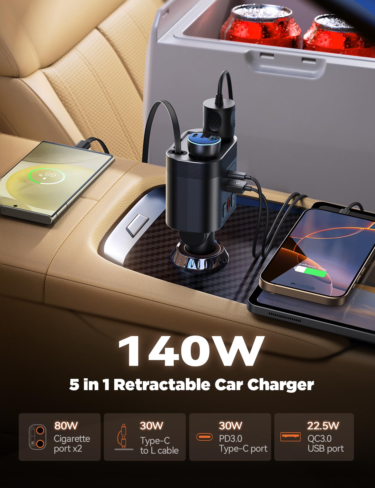 Répartiteur allume-cigare, adaptateur allume-cigare double prise avec câble rétractable, double 30 W PD & QC 3.0, chargeur de voiture 12 V/24 V répartiteur pour iPhone 17 Pro Max/16/15/14/Samsung/Dash