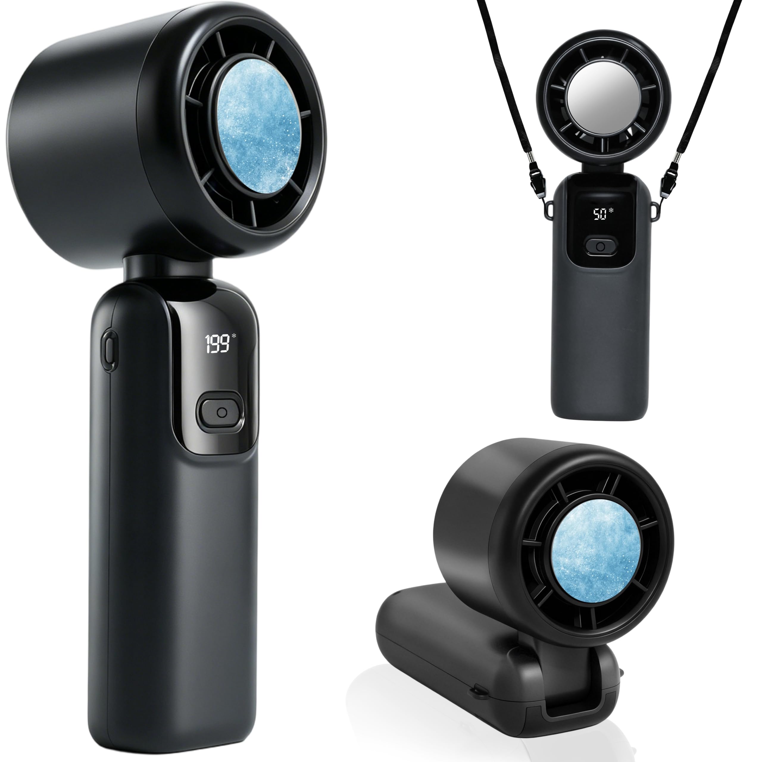 Tragbarer Turbo-Ventilator mit Eiskühler, 5-Gang-Mini-Ventilator mit LED-Display, 199 Geschwindigkeiten, persönlicher Handventilator, faltbarer Hals-Ventilator mit Umhängeband für Outdoor