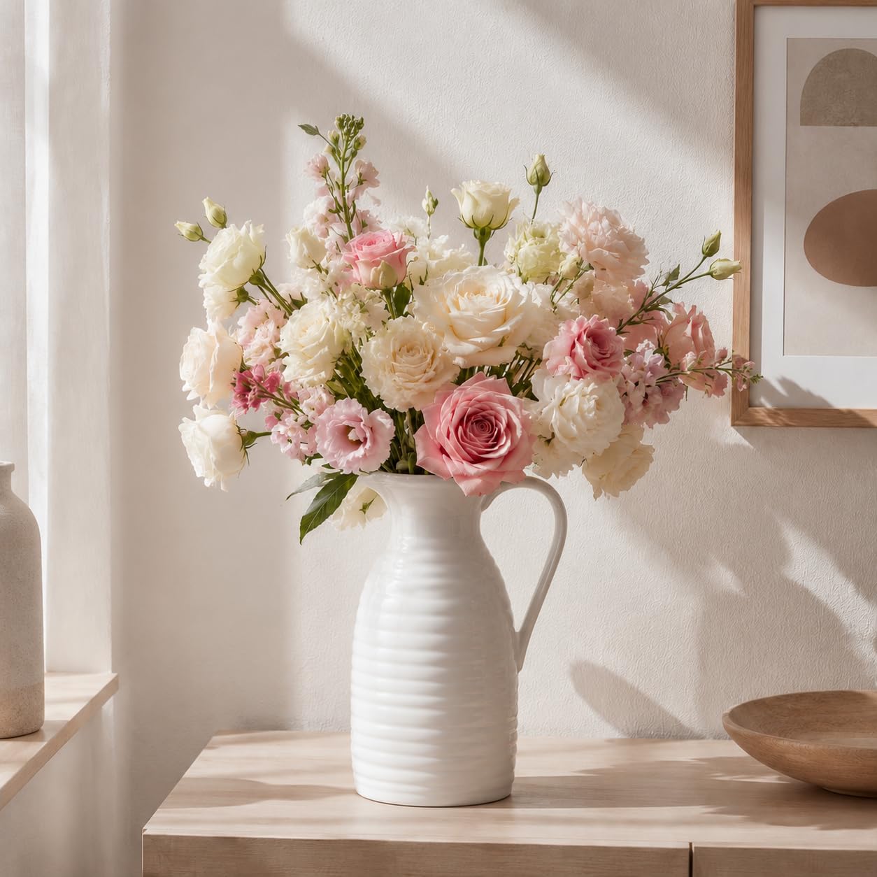 hjn Farmhouse Pitcher Vase - White Vases for Home Decor, Ceramic Vases for Flower, Rustic Milk Jug with Handle for Living Room/White