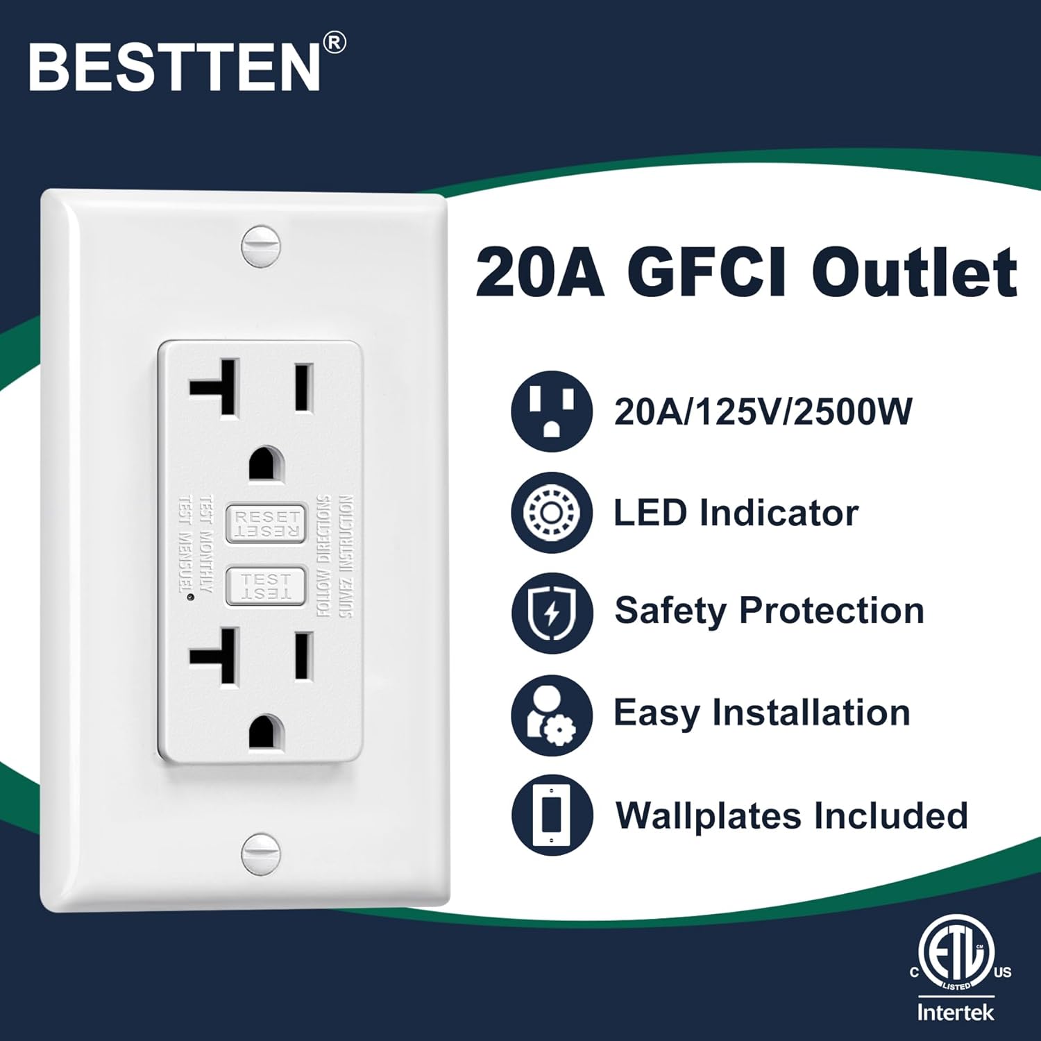 BESTTEN 5 Pack 20 Amp GFCI Outlet, Non-Tamper-Resistant GFI Receptacle with LED Indicator, Ground Fault Circuit Interrupter with Wall Plate, ETL Certified, White
