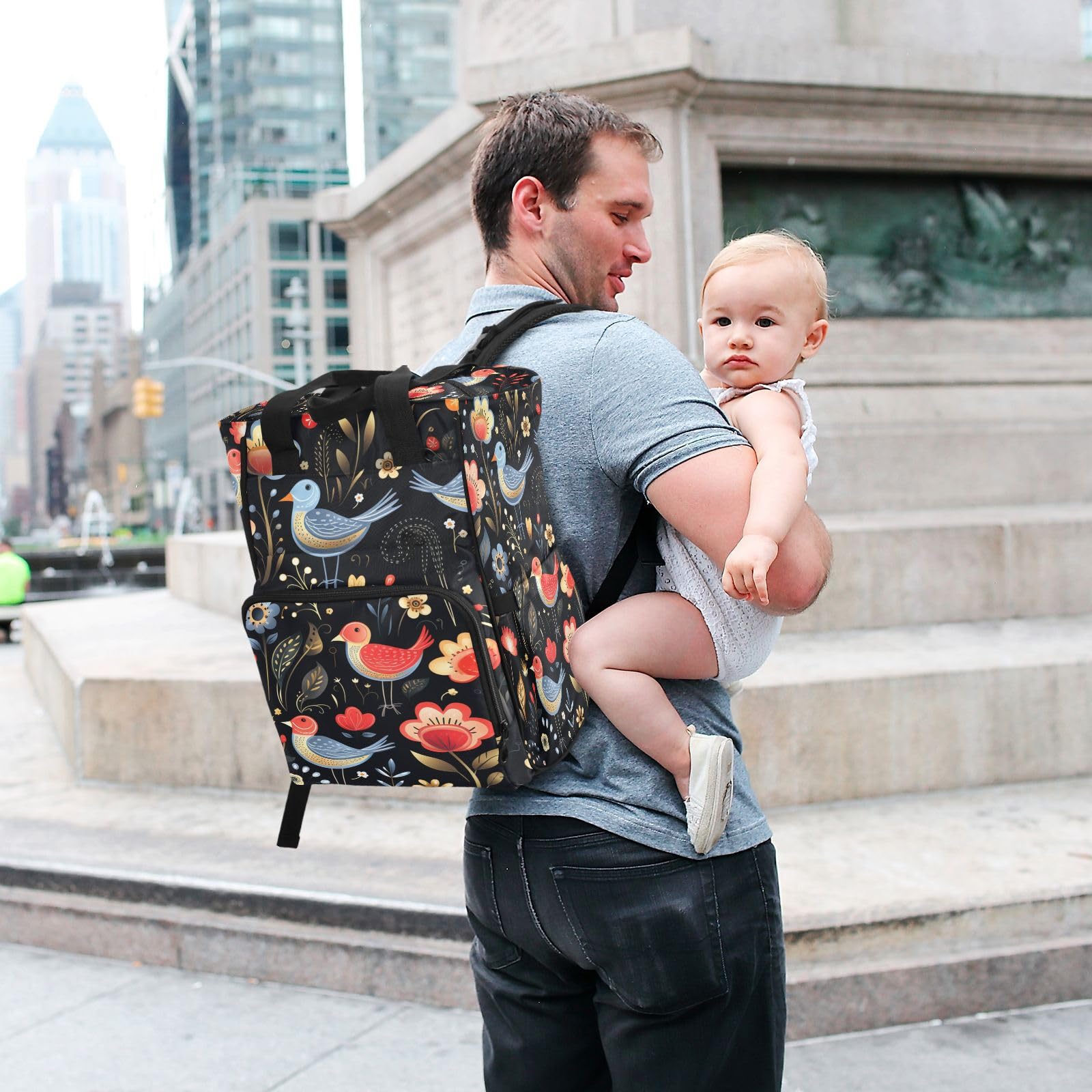 Flor Negro Arte PáJaros Mochilas de Pañales para Gran Capacidad Pañal Bolso Mochila para Viajar al Aire Libre Mamá y Papá
