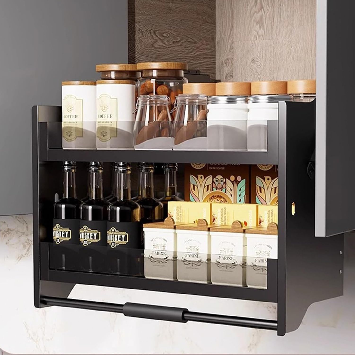 Estraibile per Armadietto 2 Ripiani Salviaspazio Cucina Scaffale Discesa per Credenza Alta, Colore: Nero, Dimensioni: 71x54x28cm, Noir, 86x54x28cm