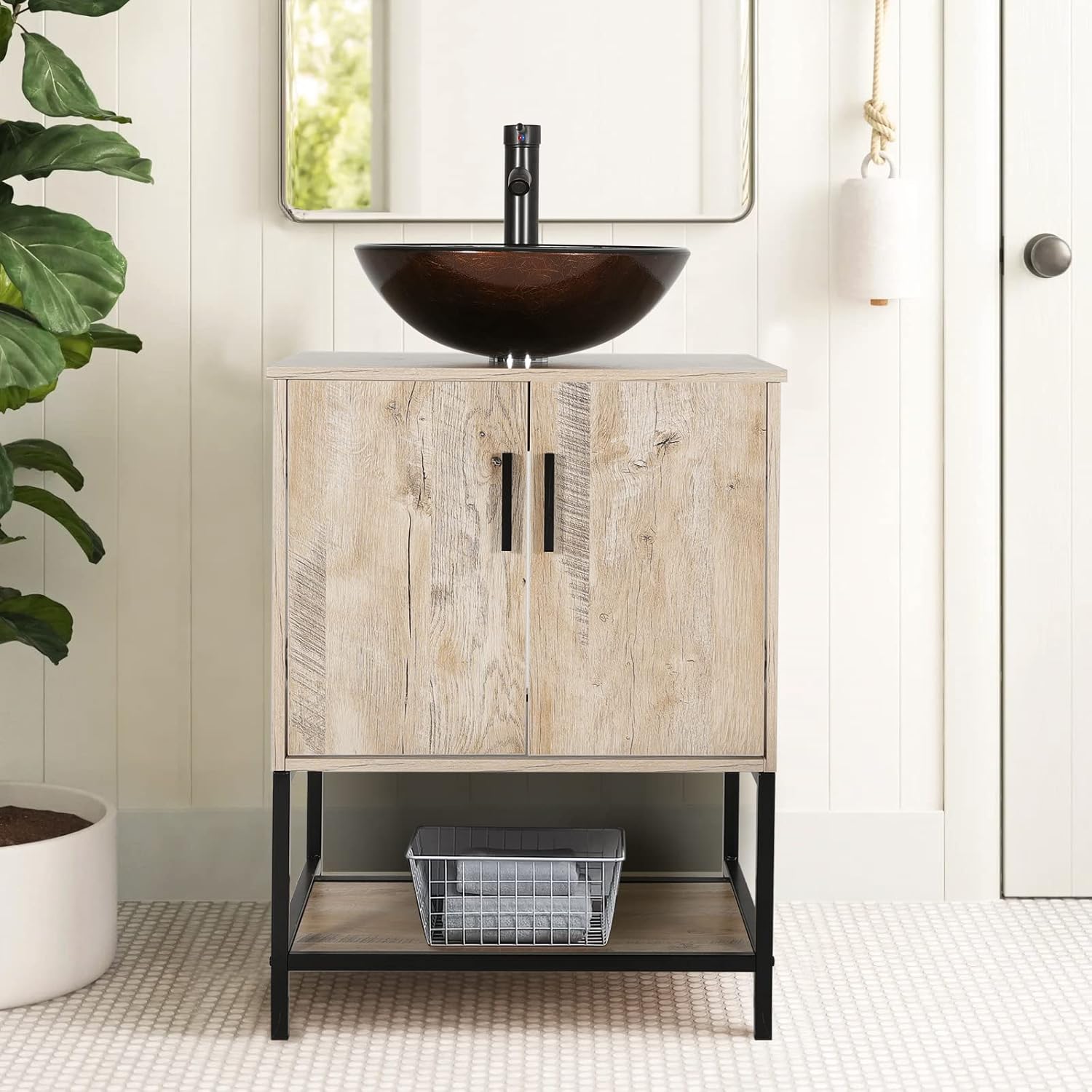 eclife 24" Bathroom Vanity Sink Combo Modern Metal Stand Cabinet W/Bottom Shelf Brown Round Vessel Sink & Water Save Faucet & Pop Up Drain, Oak (A09)