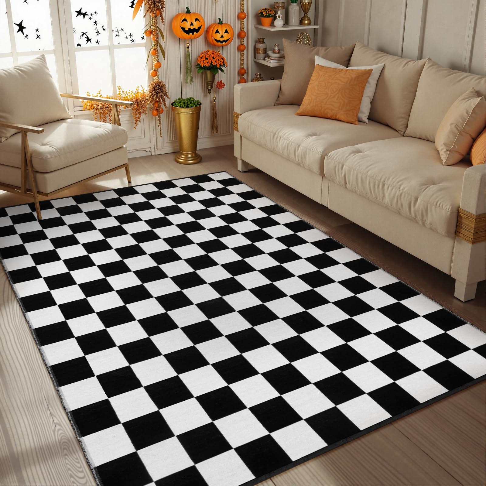 Seavish Tapis à Carreaux marocain, 1,2 x 1,8 m, Noir et Blanc, Tapis à Damier marocain, Pliable, Lavable, Tapis d'intérieur pour Salon, Chambre à Coucher, Salle à Manger, terrasse, Porche