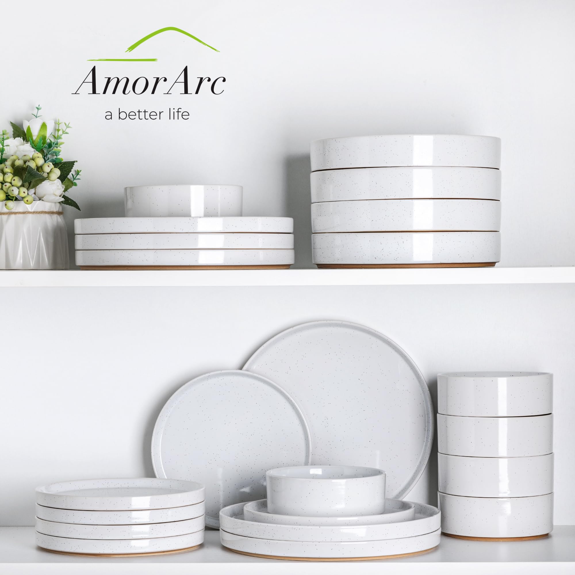 AmorArc 22,9 cm große Keramik-Nudelschalen, 907 ml, Steingut, 4 Stück | Gesprenkelte Servierschalen für Nudeln, Salat, Obst und Nudeln, Einweihungsgeschenk und Hochzeitsgeschenk, Weiß