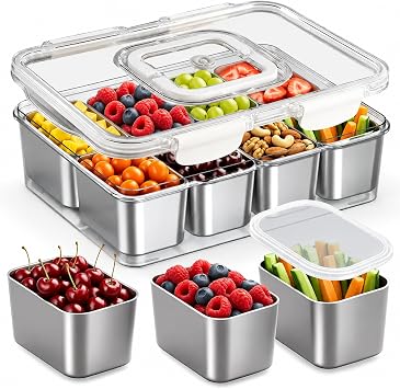 Snackle Box Container Stainless Steel - Reusable 8 Compartment Divided Serving Tray with Lid and Handle, Clear Portable Snack Containers Platters Storage Organizer for Snacks Fruit Candy Veggie Nuts