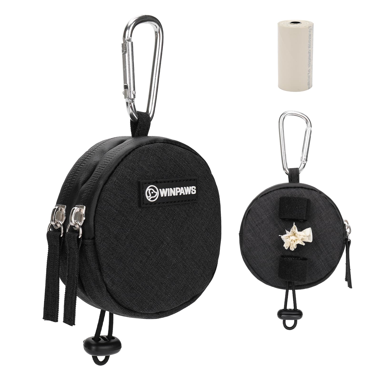 Dog Poop Bag Holder for Leashes- Dog Treat Pouch with Waterproof Zipper,Puppy Training Small Bag with Carabiner & Bungee Toggle,Two Pockets for Dry or Wet Treats-Pet Travel Walking Essentials (Black)