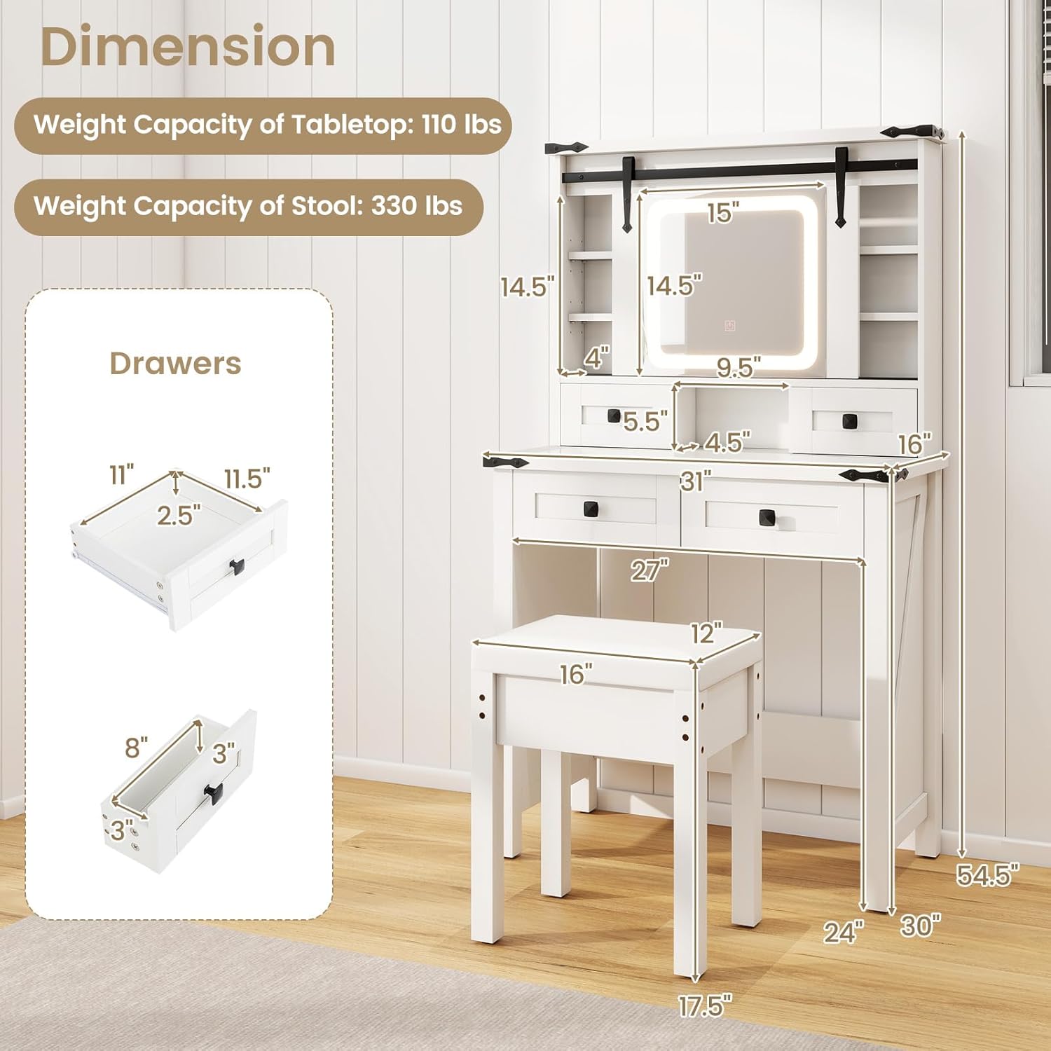 Dimension diagram of the vanity desk and stool