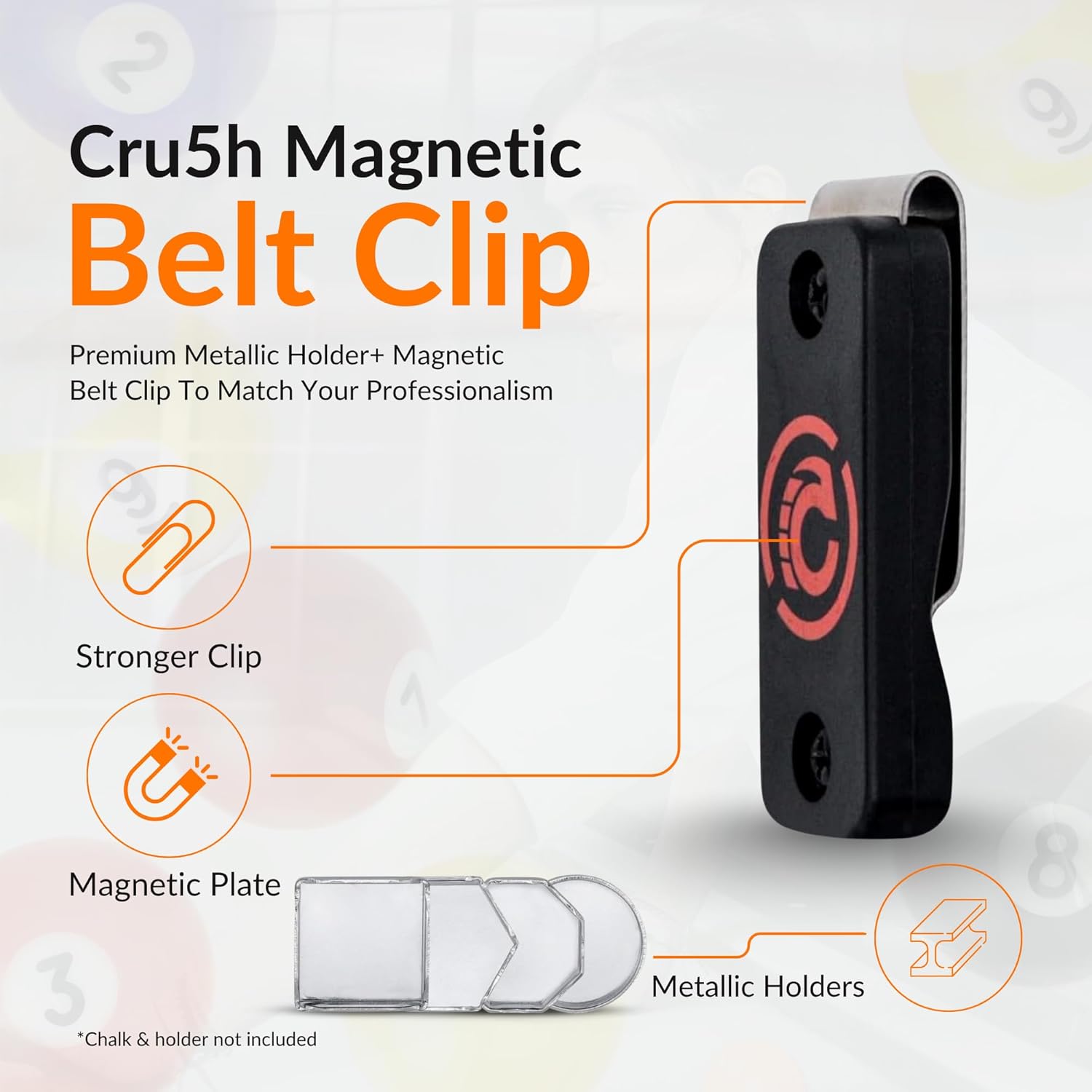 Cru5h Billiards Magnetic Chalk Holder Belt Clip - Rare Earth Neodymium Magnet Belt Clip with Metal Chalk Holders - Circle, Hexagon, Octagon, and Square Included