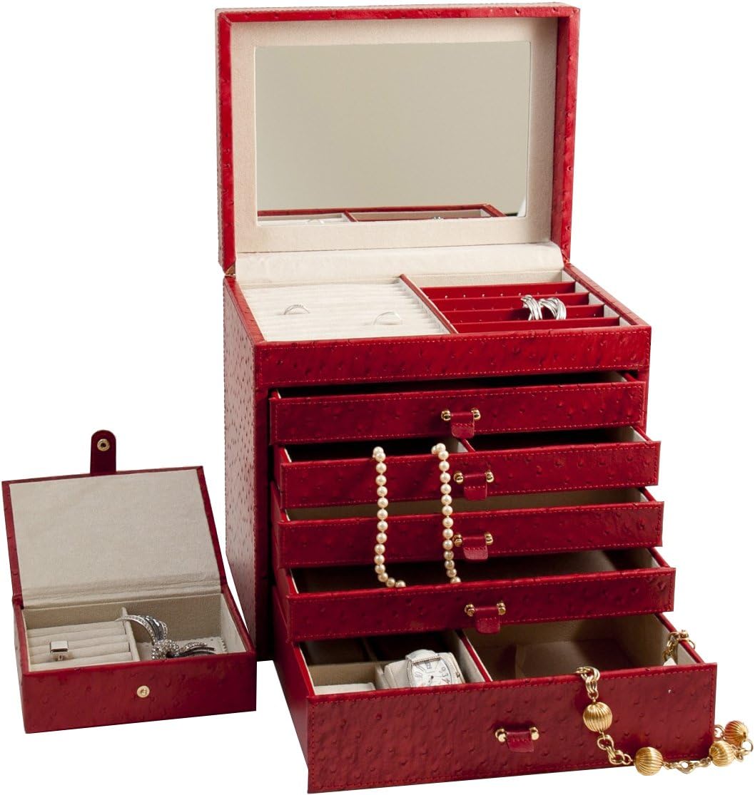 Bey-Berk Red Ostrich Leather Jewelry Chest with Removable Travel Case, 5 Drawers and Top Tray with Mirror, 11"L x 7.75"W x 11"H