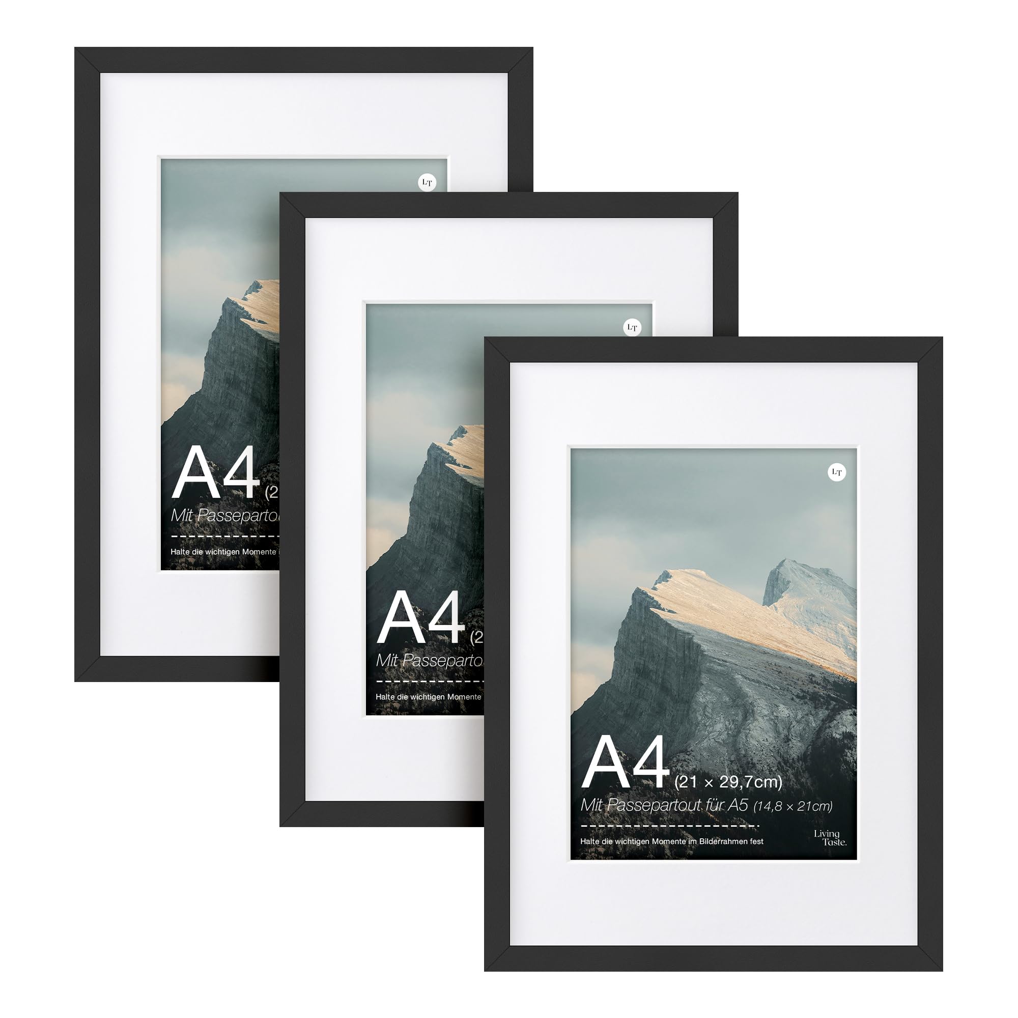 LIVINGTASTE 3 Pack Schwarz Bilderrahmen A4 MDF Rahmen mit Acrylglas | Fotorahmen mit Passepartout für A5 für Fotos Zertifikate Poster und Kunstbilder für Wohnzimmer und Büro