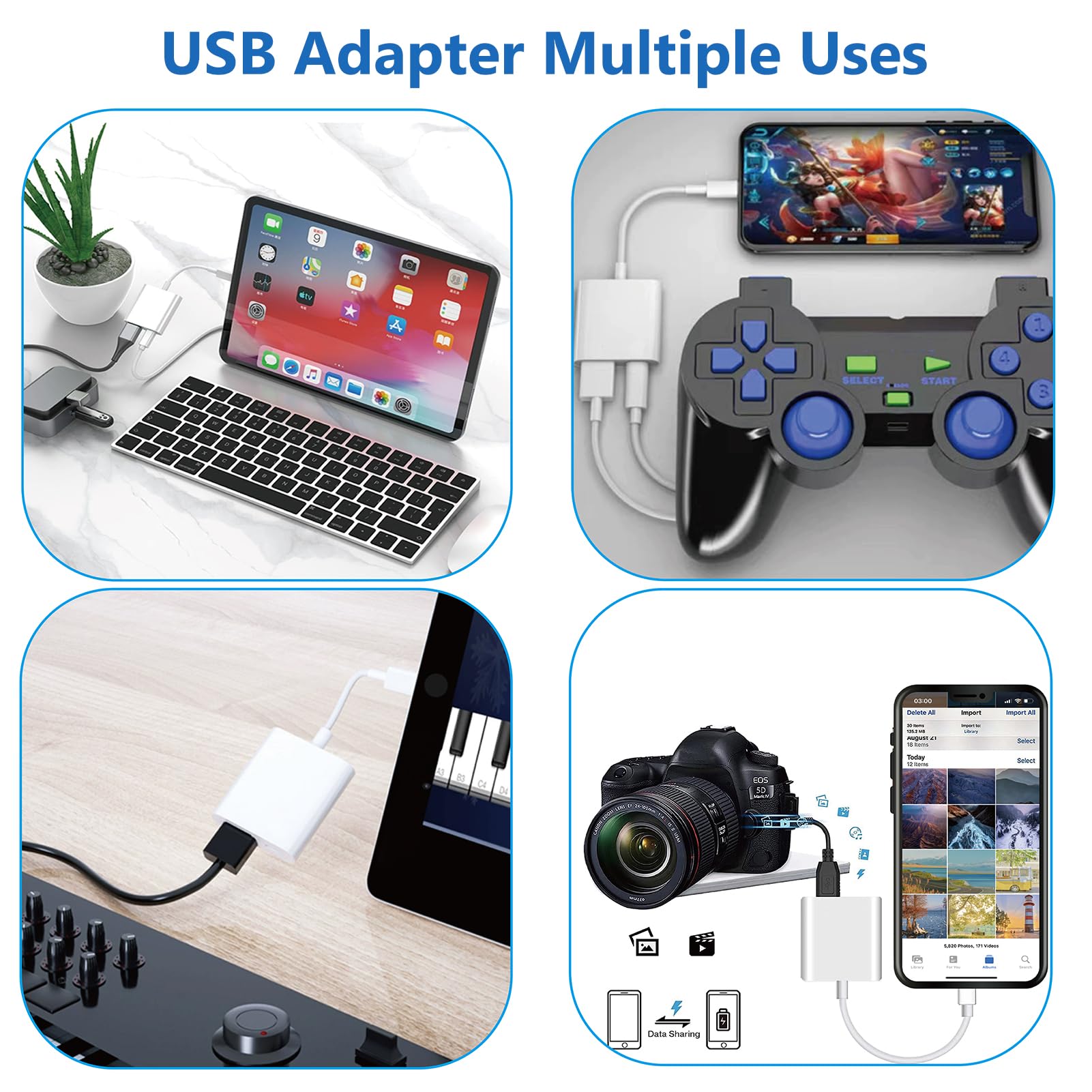 Lightning to USB Camera Adapter for iPhone with Lightning Charging Port USB 3.0 Female OTG Cable Keyboard Mouse No Support USB C, SSD