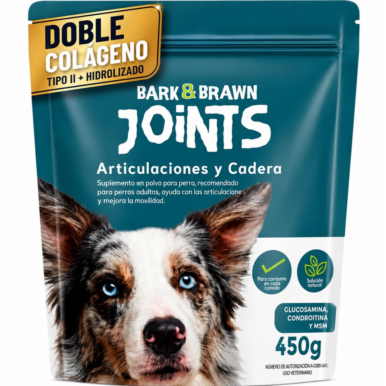 BARK & BRAWN Joints Suplementos para Perro 450 g | Colágeno para Perros | Glucosamina, Condroitina y MSM | Colágeno Tipo II e Hidrolizado | Omega 3 y Cúrcuma | Apoyo para Mobility