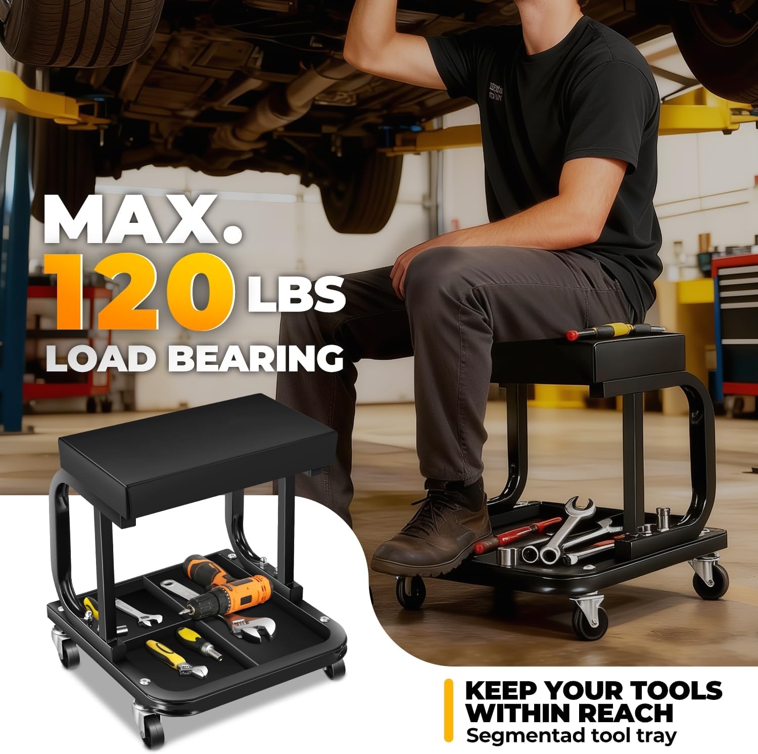 Auto Dynasty Rolling Mechanic Stool, 250 LBS Capacity Rolling Creeper Garage/Shop Seat, Padded Shop Stool with Tool Tray Storage for Garage, Workshop, Auto Repair (Black)