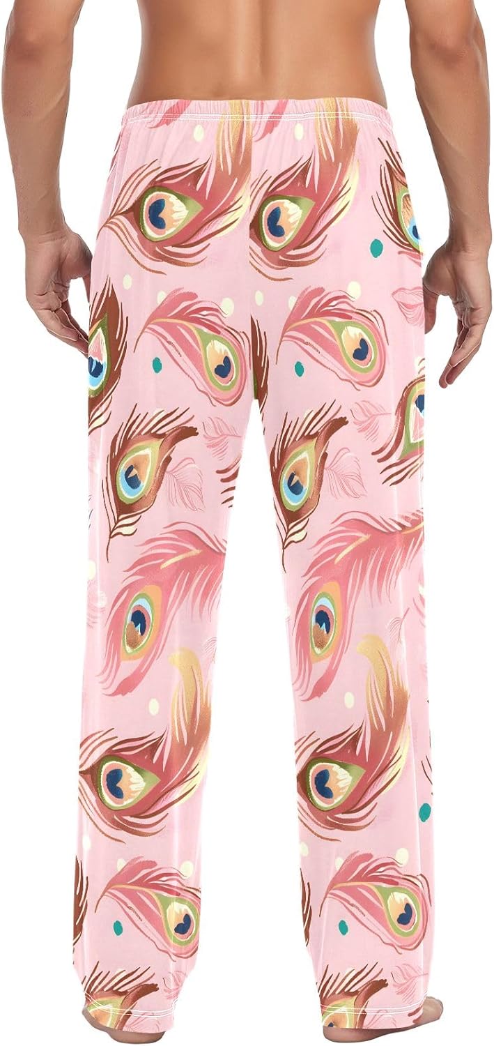Men Pajama Pants Pink Background Peacock Feathers Pattern Lounge Comfortable Relaxed Sleepwear Bottom