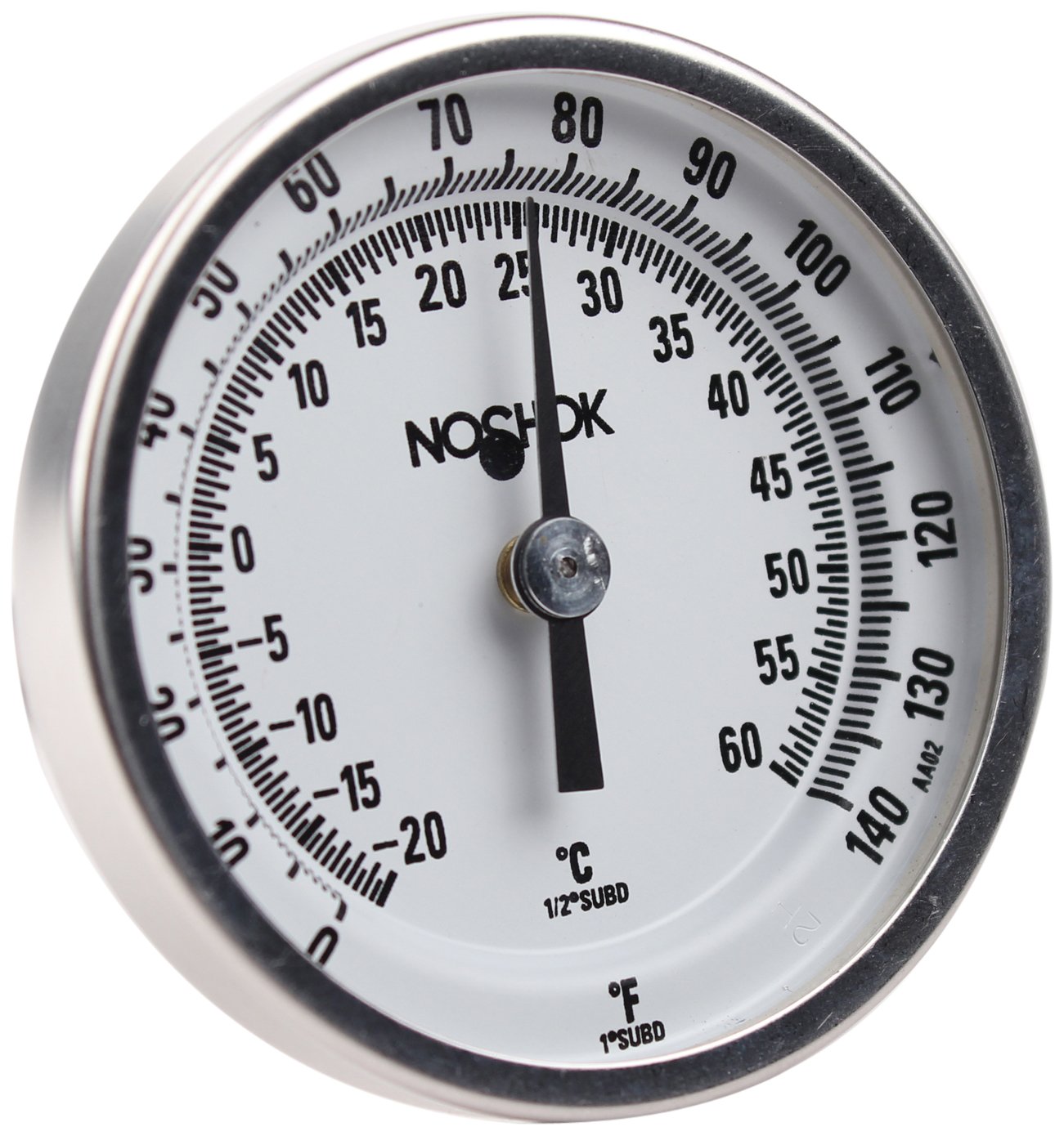 NOSHOK 100 Series 304 Stainless Steel Dual Scale Bi Metal Thermometer with Back Mount, 2-1/2" Stem, 1/4" NPT Connection, 2" Dial, 0-140 F Temperature Range