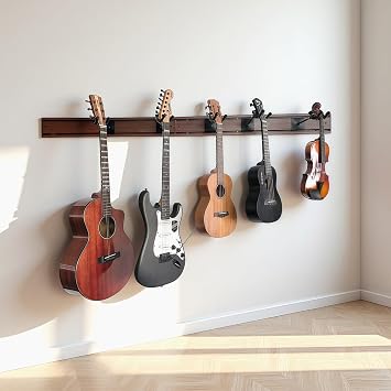 nalu Guitar Wall Mount Hanger - 5 Guitar Capacity, 270 Rotatable, Heavy Duty Aluminum with Rubber Pads, Space-Saving Multi-Instrument Display Wood-Grained