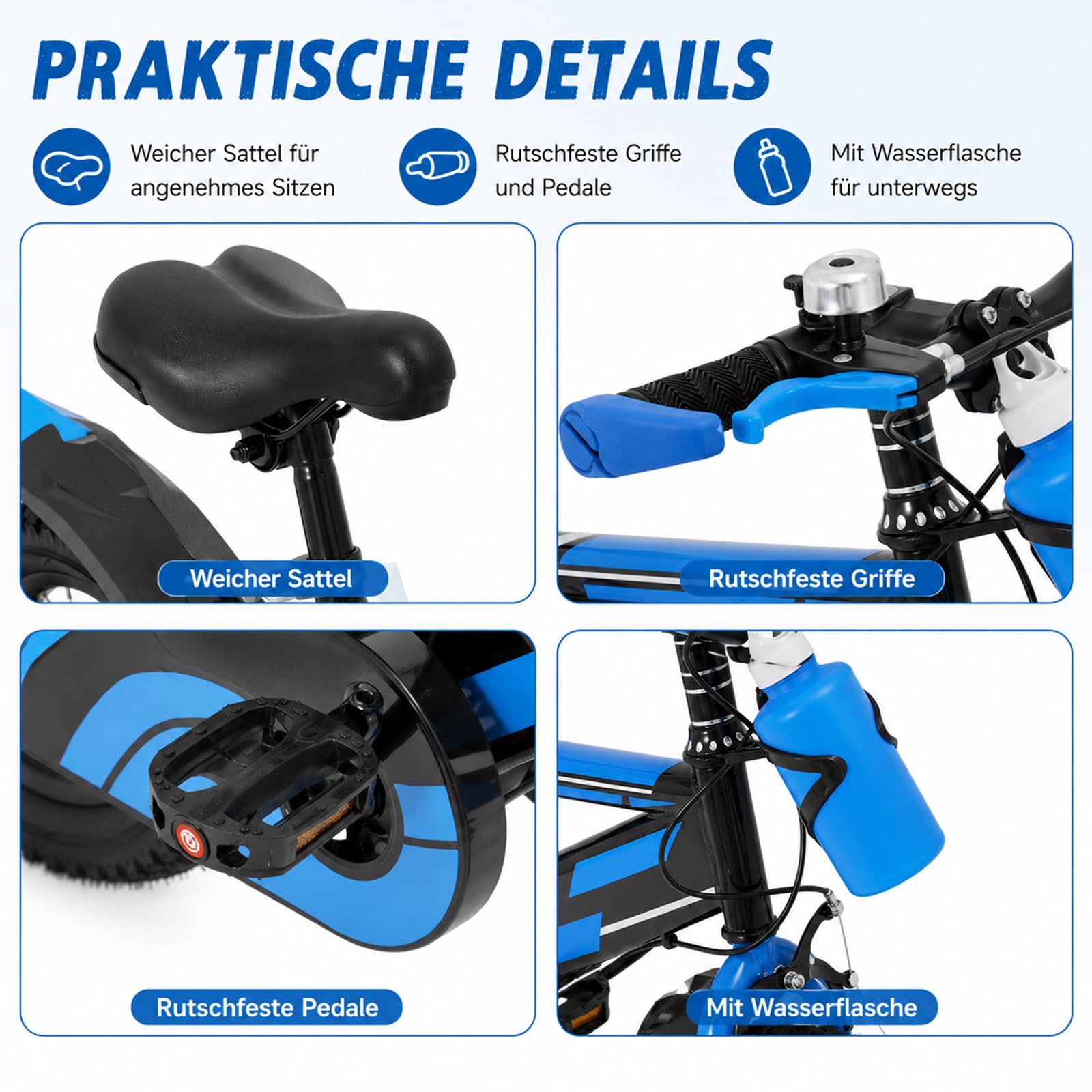 14-Zoll-Kinderfahrrad, Jungen und Mädchen Fahrrad Kinder mit Stützräder und Wasserflasche, Kinderfahrrad ab 3 Jahre mit Duales Bremssystem, HöHenverstellbar, Robust und Stabil
