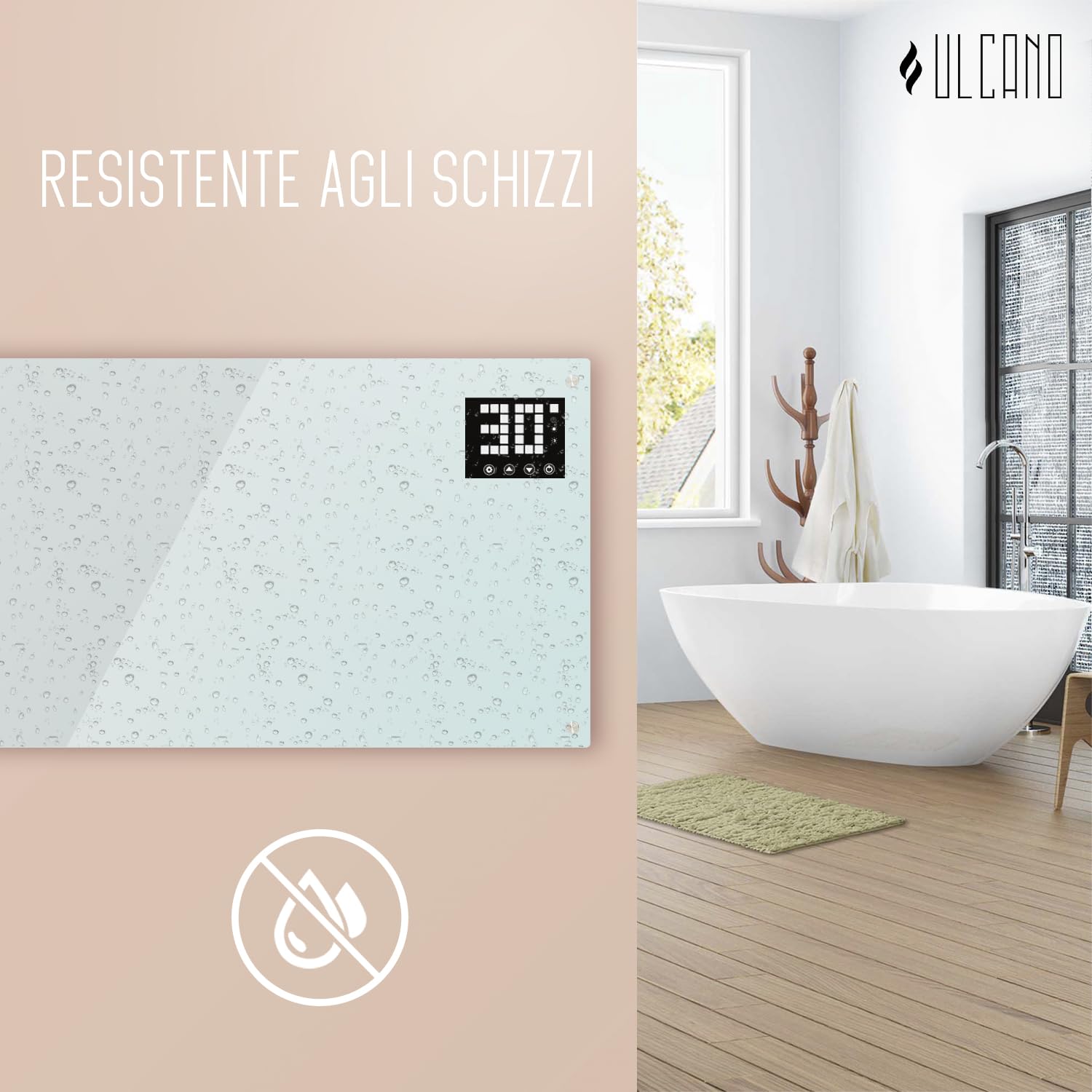 Calefactor eléctrico de baño, bajo consumo 2000 W (modo Eco 1000 W), termoconvector con ruedas + montaje en pared, cristal templado, pantalla + temporizador + mando a distancia, con termostato