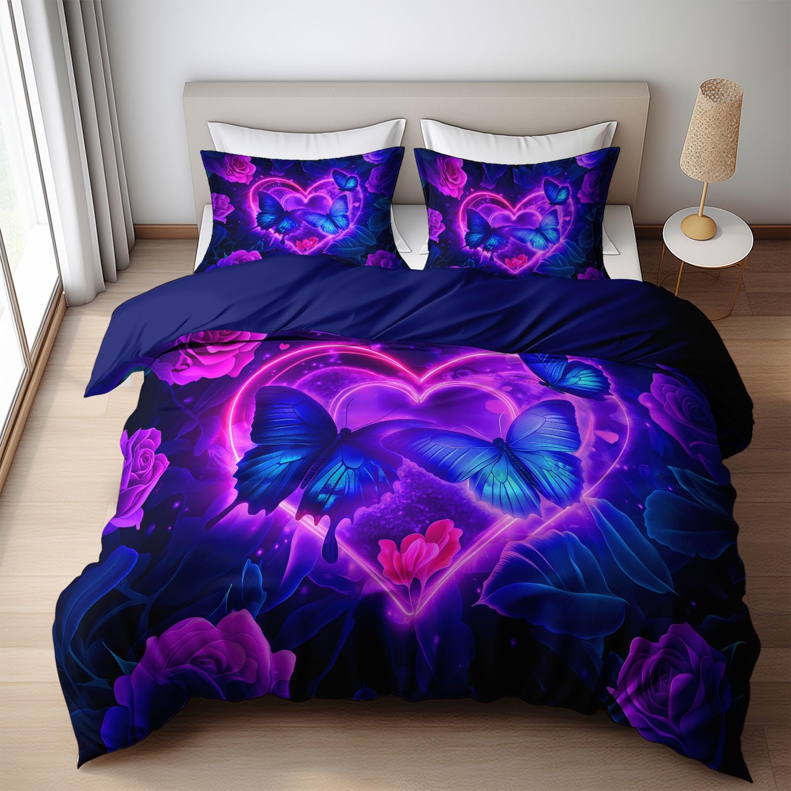 Zestaw pościeli King Size Fantasy Rose Butterfly poszewka na kołdrę, niebiesko-fioletowa poszewka na kołdrę dla dzieci nastolatków chłopców dziewcząt i mężczyzn, nowoczesna dekoracja sypialni (3 szt.)