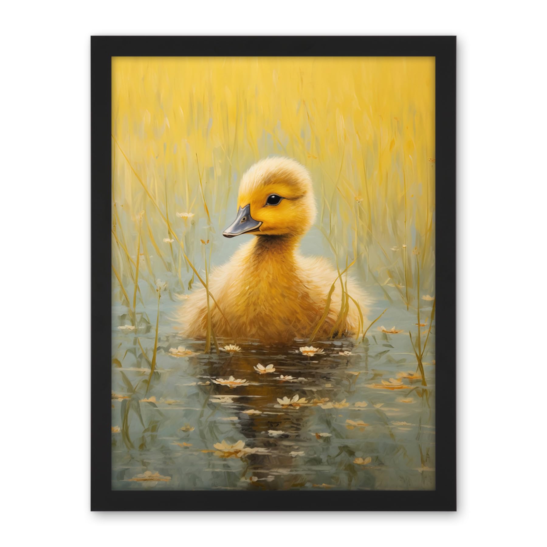 Artery8 Cute Yellow Ducking in Countryside Pond Oil Painting Kids Bedroom Baby Duck Bright Artwork Framed Wall Art Print 18X24 Inch
