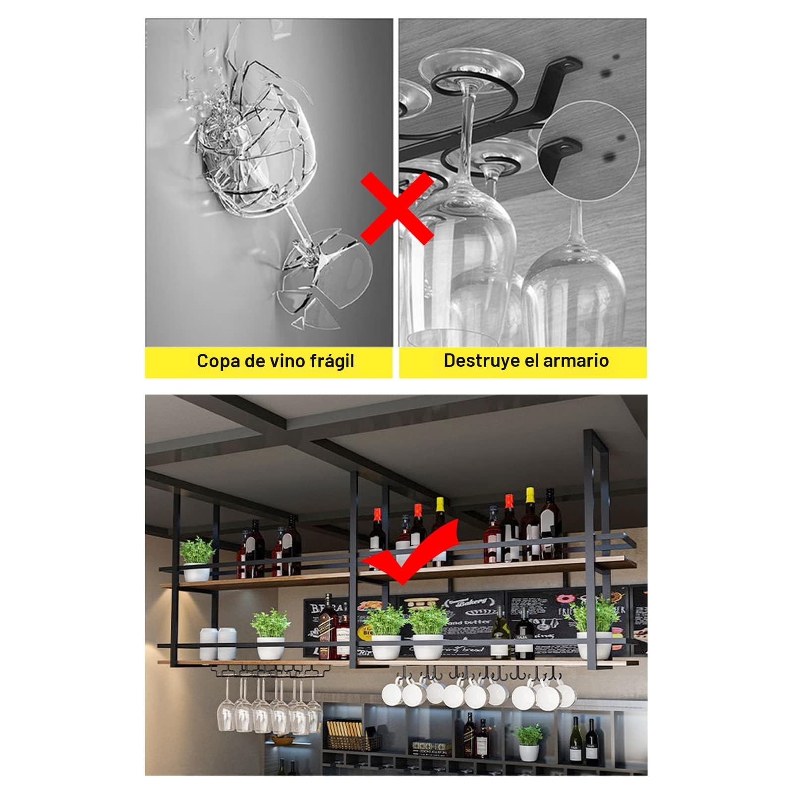 Botellero Colgante Techo, Soporte para copas de vino Colgante, 2 Niveles Soporte para Botellas de Metal de Gran Capacidad, Estante Multi Funcional para Vino para Bar Comedor Cocina 100×30×80cm
