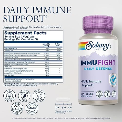 Miniatura 2 de SOLARAY Immufight Daily Defense  Suplemento de apoyo inmunológico con vitaminas C y D, zinc y probióticos  60 unidades, 30 serv.
