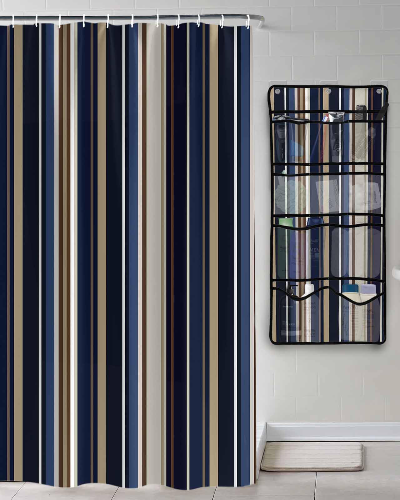 Shower Curtain Mesh Shower Organizer Hanging Set Blue Brown Stripes Waterproof Shower Curtains with 10 Pockets Quick Dry