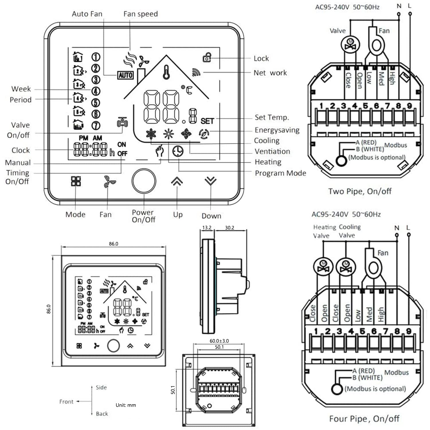 Serie 002 Termostato Smart WiFi per Ventilconvettore 2 Tubi Touch Screen Sostenere il controllo a distanza e il controllo della voce per i telefoni cellulari Nero