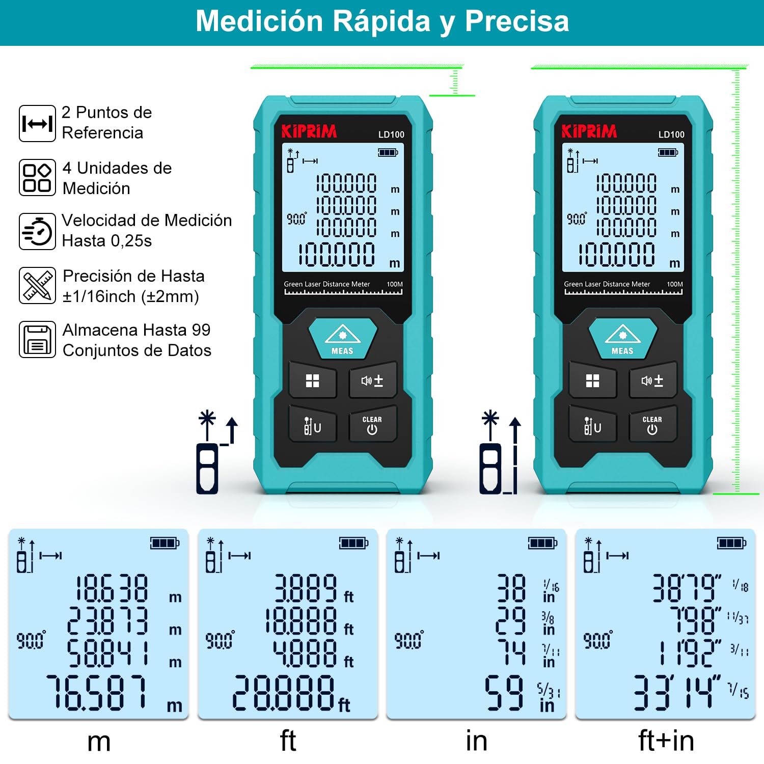 Kiprim Medidor Láser Distancia, 100m Alcance, Precisión de ±2mm para Metro Láser, Clase II Láser, Recarga USB-C, Nivel Electrónico, 10 Modos Medición con Panel Reflectante - LD100