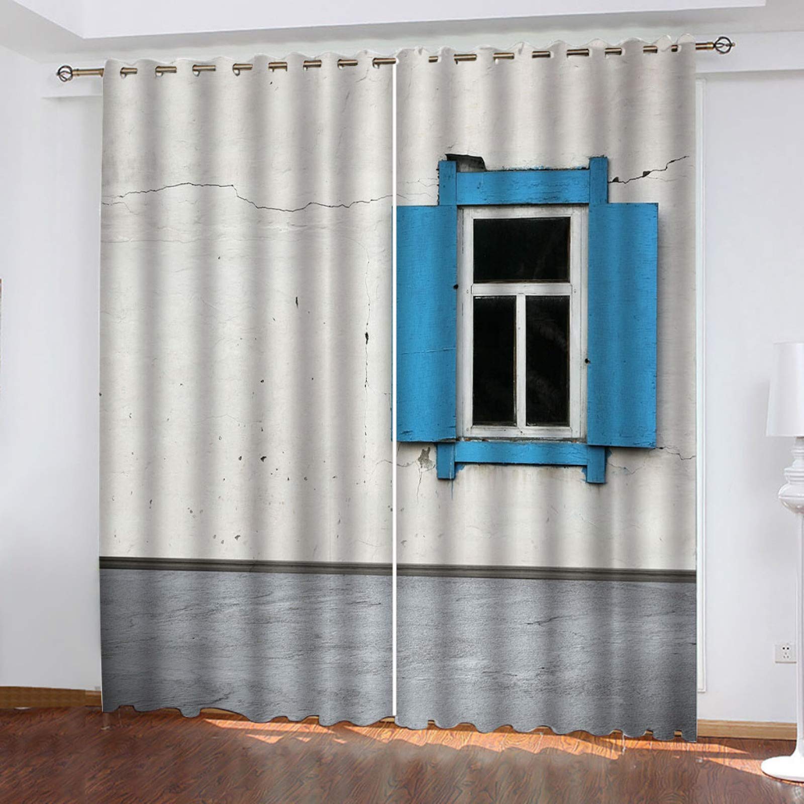 Cortinas Habitacion Juvenil Opacas 2 Piezas 3D Casa Vintage con Ventanas Azules Patrón Cortinas Salon Dormitorio Modernas para Ventanas Decoración para Hogar 264X240Cm Termicas Aislantes con