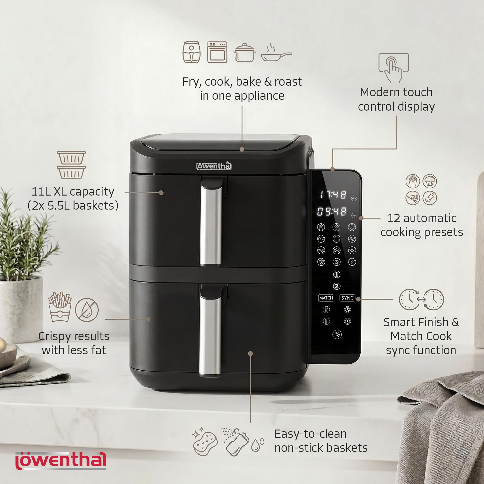 Löwenthal Double Airfryer XL 11 l frytkownica na gorące powietrze z 2 koszami (5,5 l + 5,5 l), 2800 W, Sync Finish & Match Cook, 12 programów, cyfrowy ekran dotykowy, 60-200°C, 44,5 x 27,9 x 35,2 cm