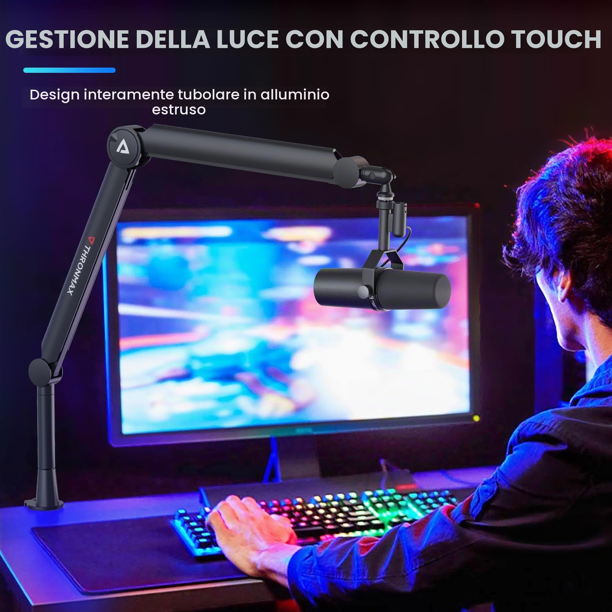 Thronmax Twin-S8 Braccio boom Microfono, Supporto per microfono a forbice regolabile a 360° con cavo integrato in Metallo robusto per Blu Yeti, Universale da 1/4"，3/8" a 5/8"(Nero)