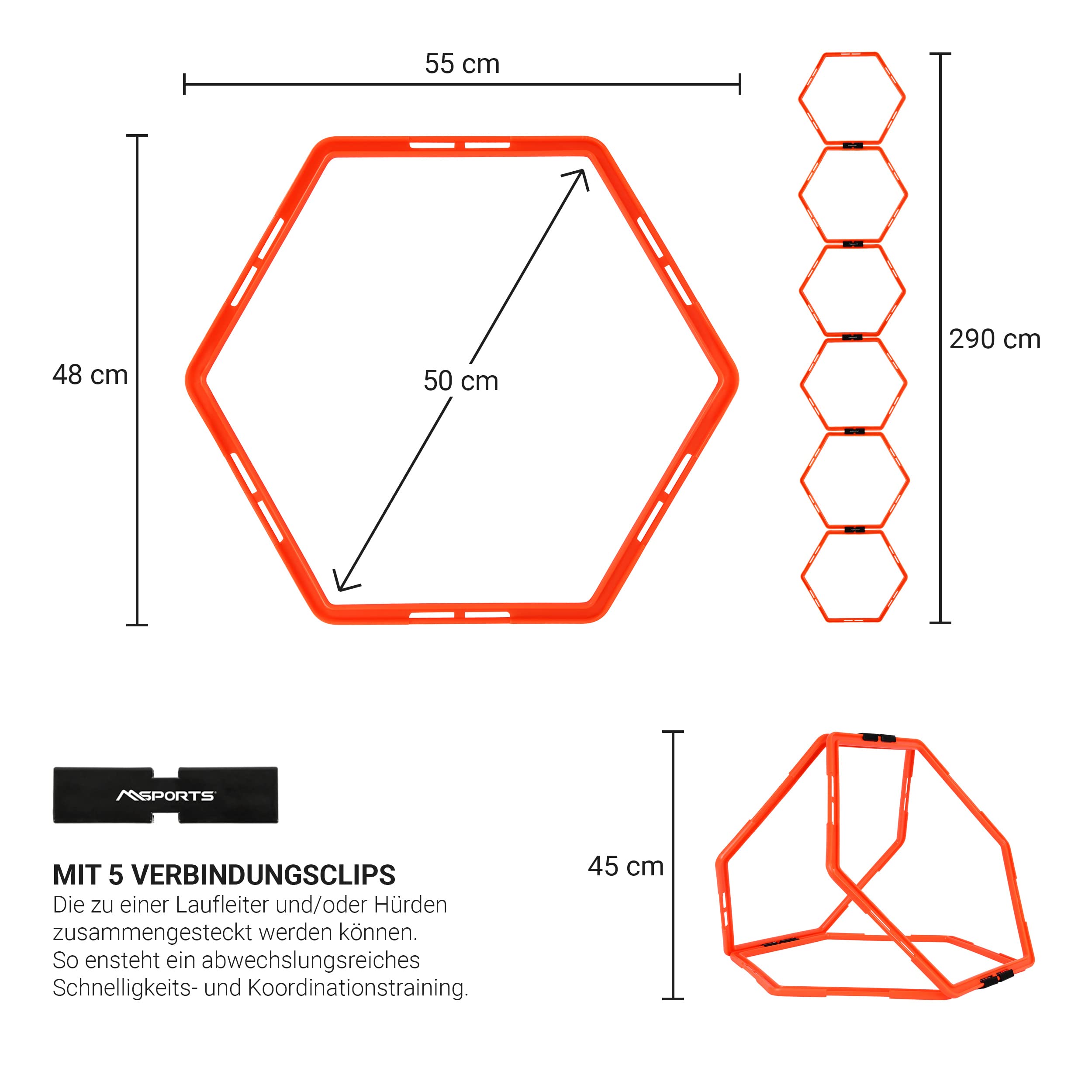 MSPORTS Koordinationsleiter Professional Multifunktional, 6X Hexagon-Elemente als Agility-Leiter u. Hürden kombinierbar Trainingsleiter Fußball Koordinationstraining Leiter