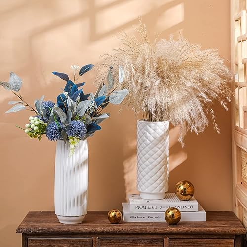 Miniatura 9 de Jarrón de cerámica moderno blanco de 10.5 pulgadas, barra vertical, jarrón redondo de porcelana, decoración del hogar, diseño geométrico brillante,