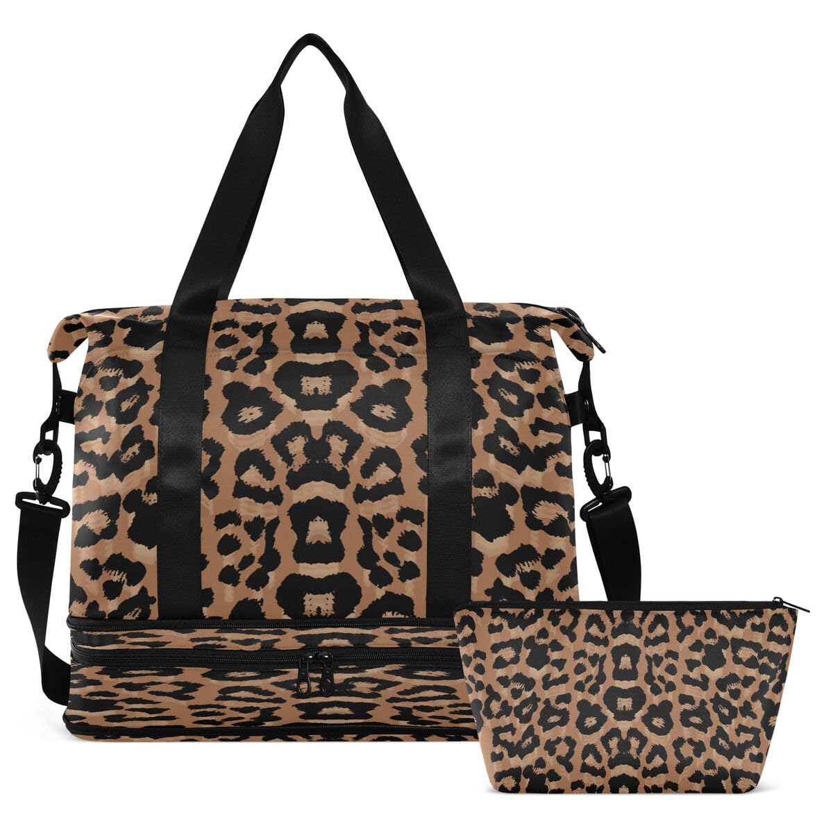 Bolaz Leopard Print Gym, Travel, Business, Yoga Duffel Bag with Wet Pocket, Shoes Compartment, Toiletry Bag, 17.3 x 8.7 x 15.5 inches